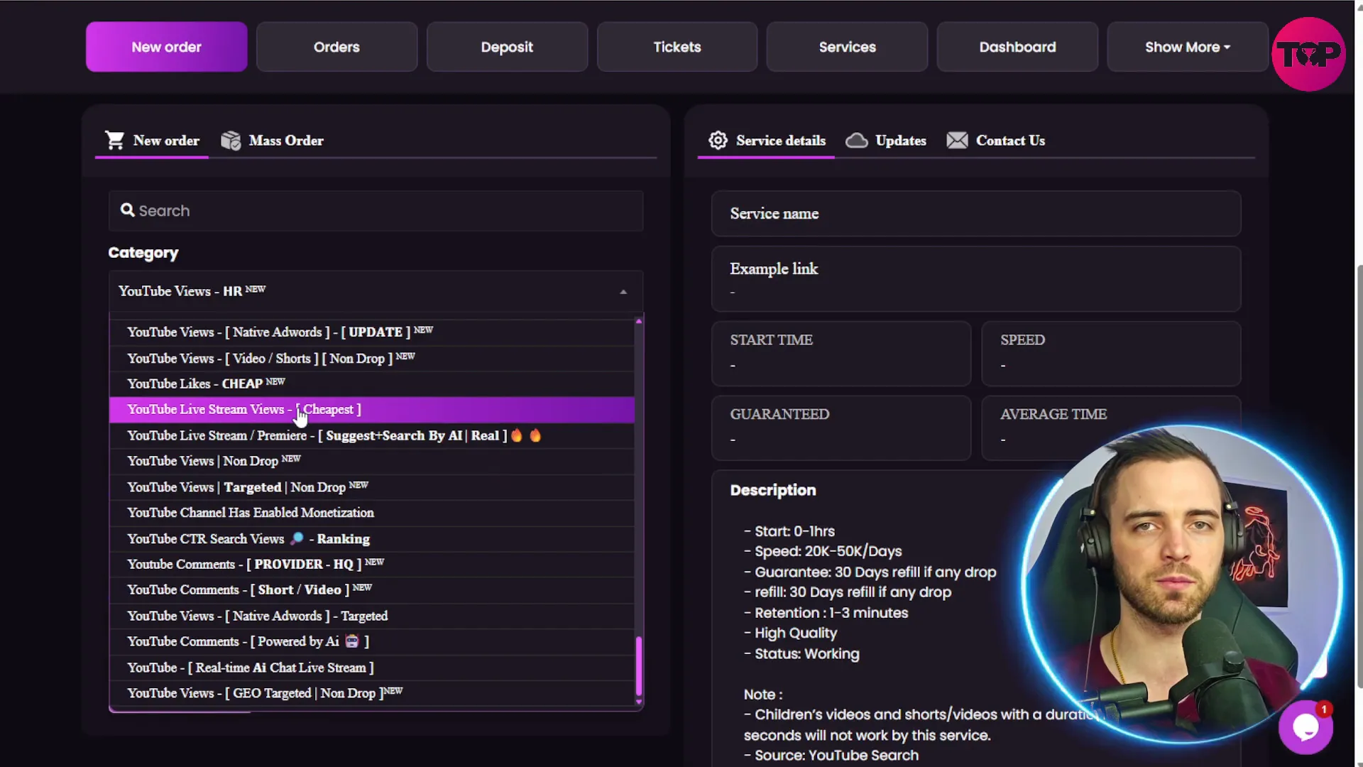 SMMGo dashboard showing YouTube services options