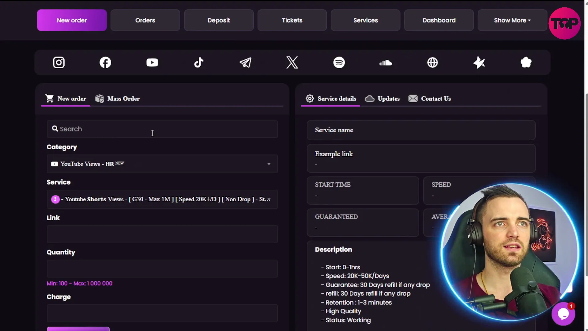 SMMGo website showing social media services options