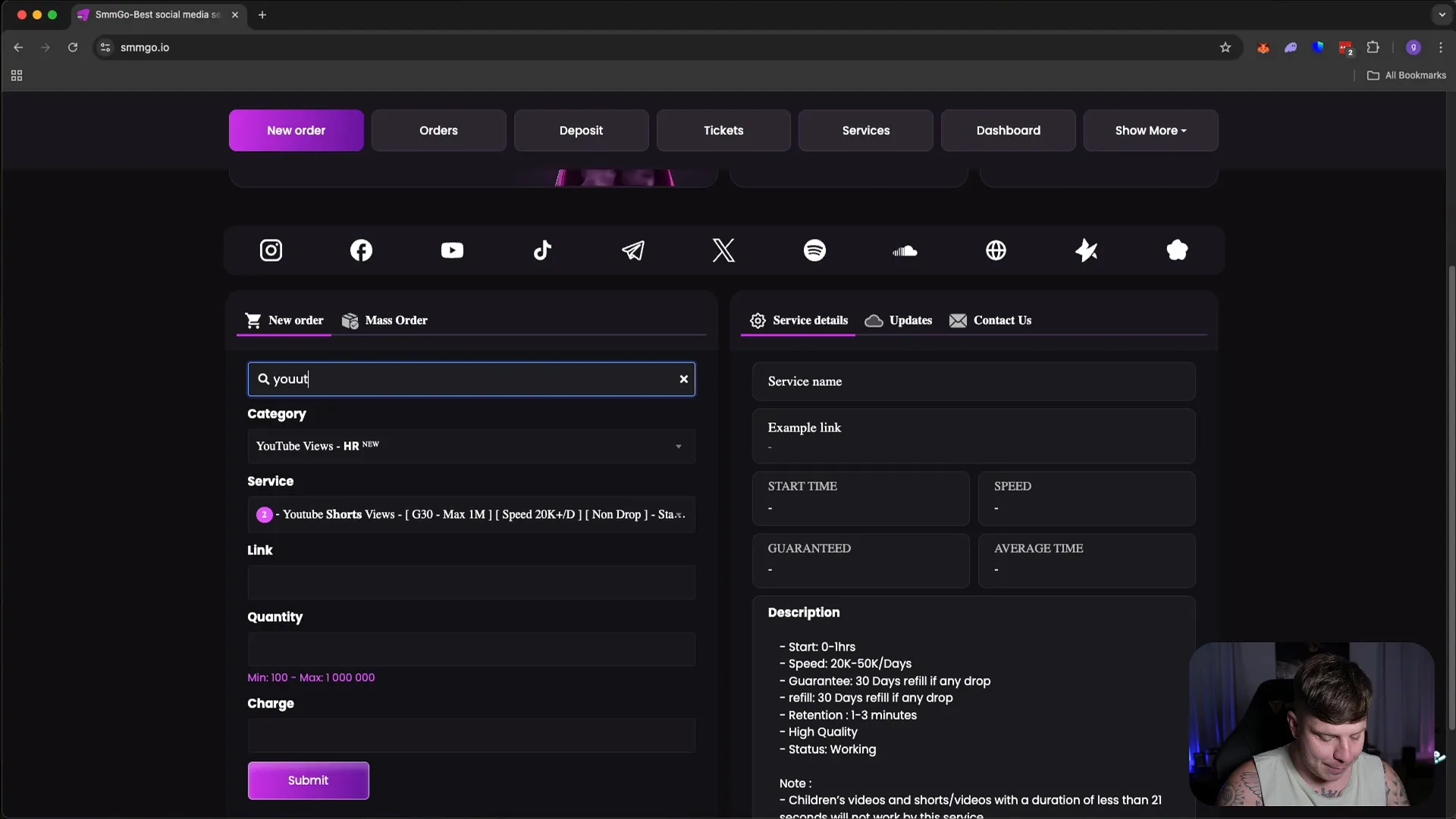 SMMGo YouTube shorts views service selection and order placement