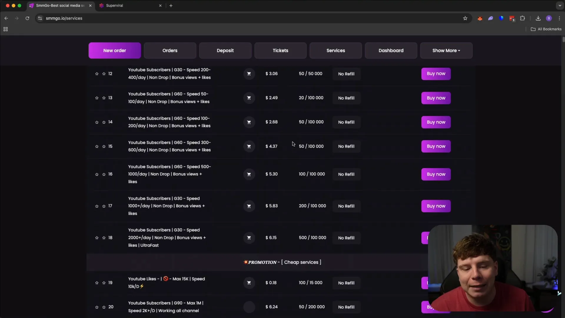 SMMGO.io dashboard showing multiple service options and pricing