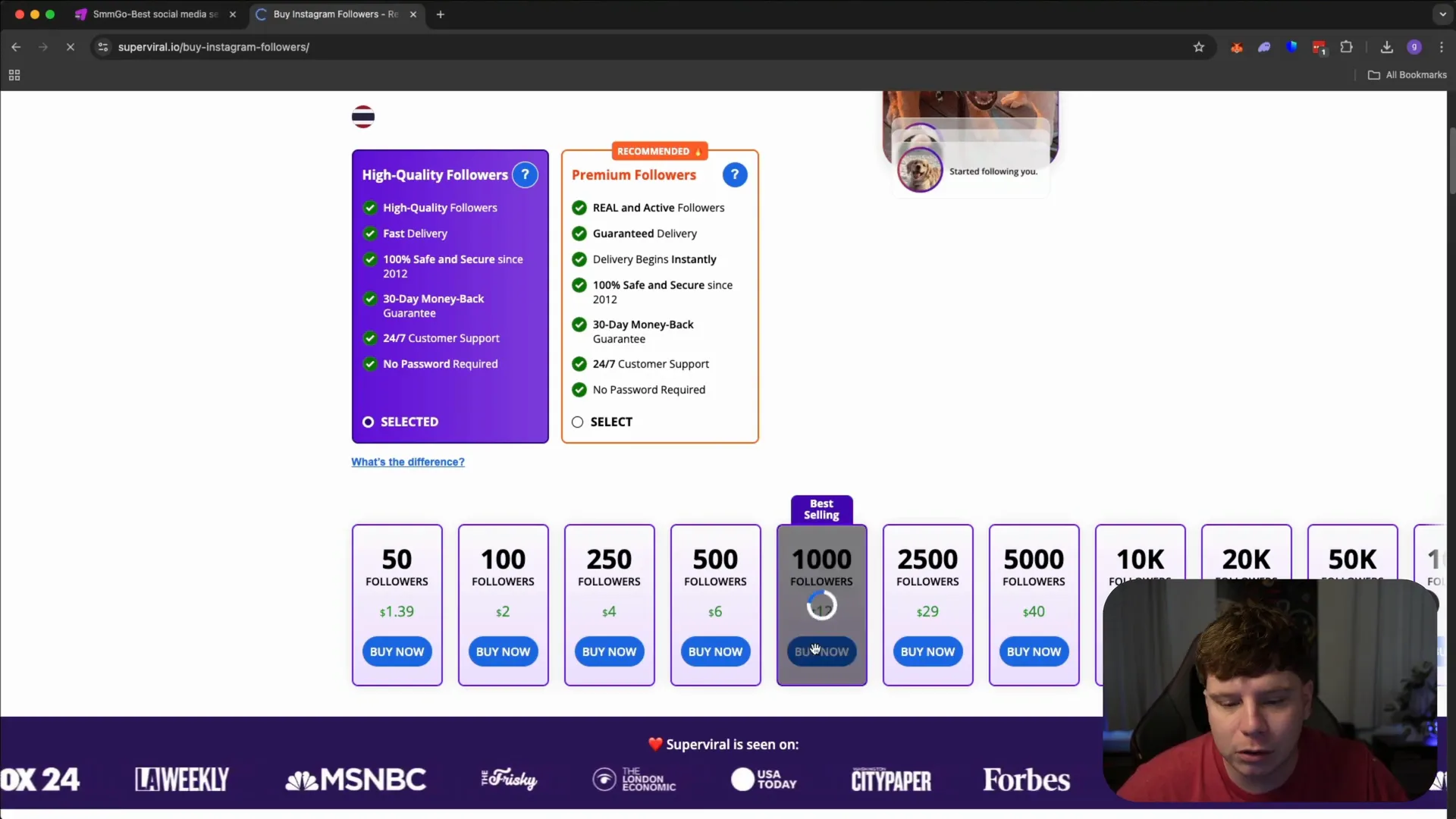 Comparison of Instagram followers pricing on SuperViral and SMMGO.io