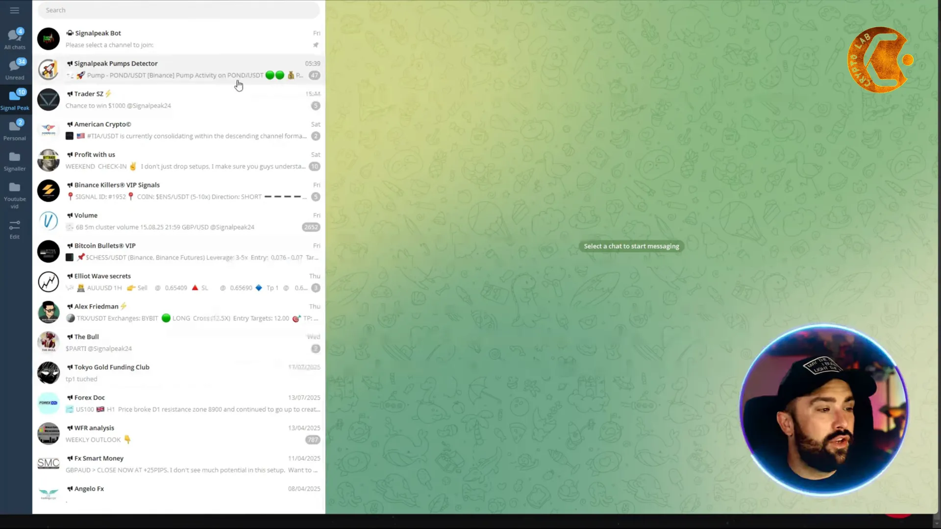 Telegram channel list inside SignalPeak showing multiple signal groups