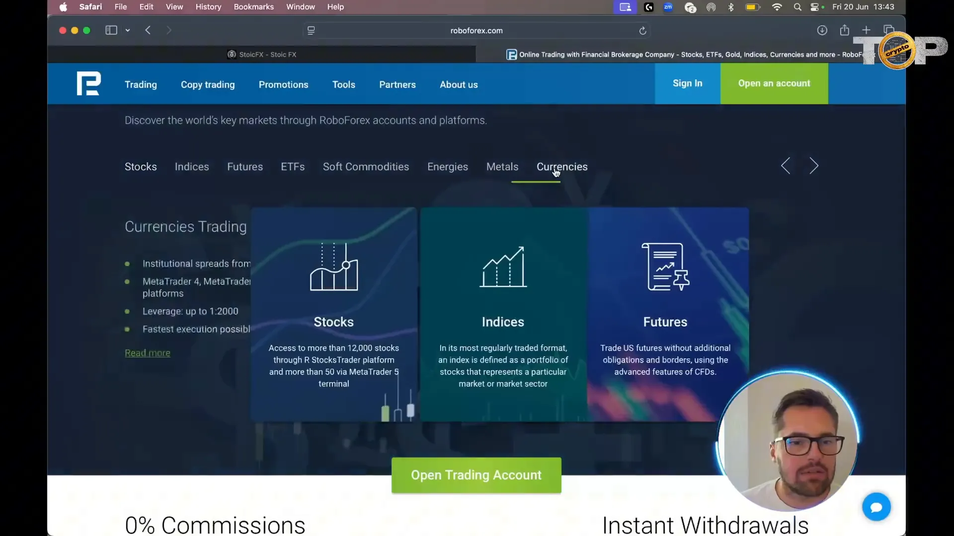Comparison of tradable assets on Stoic FX and RoboForex websites