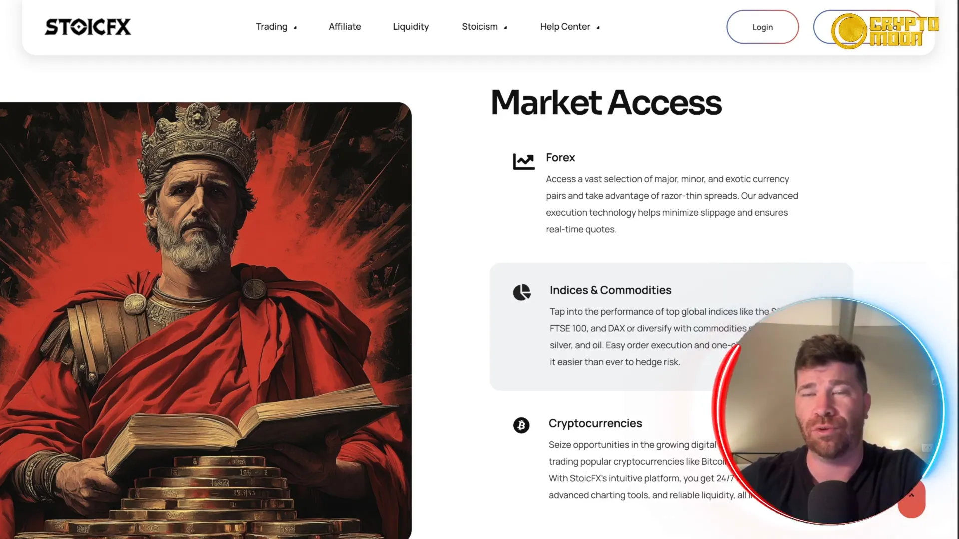 Overview of Stoic FX market options including forex, commodities, and cryptocurrencies
