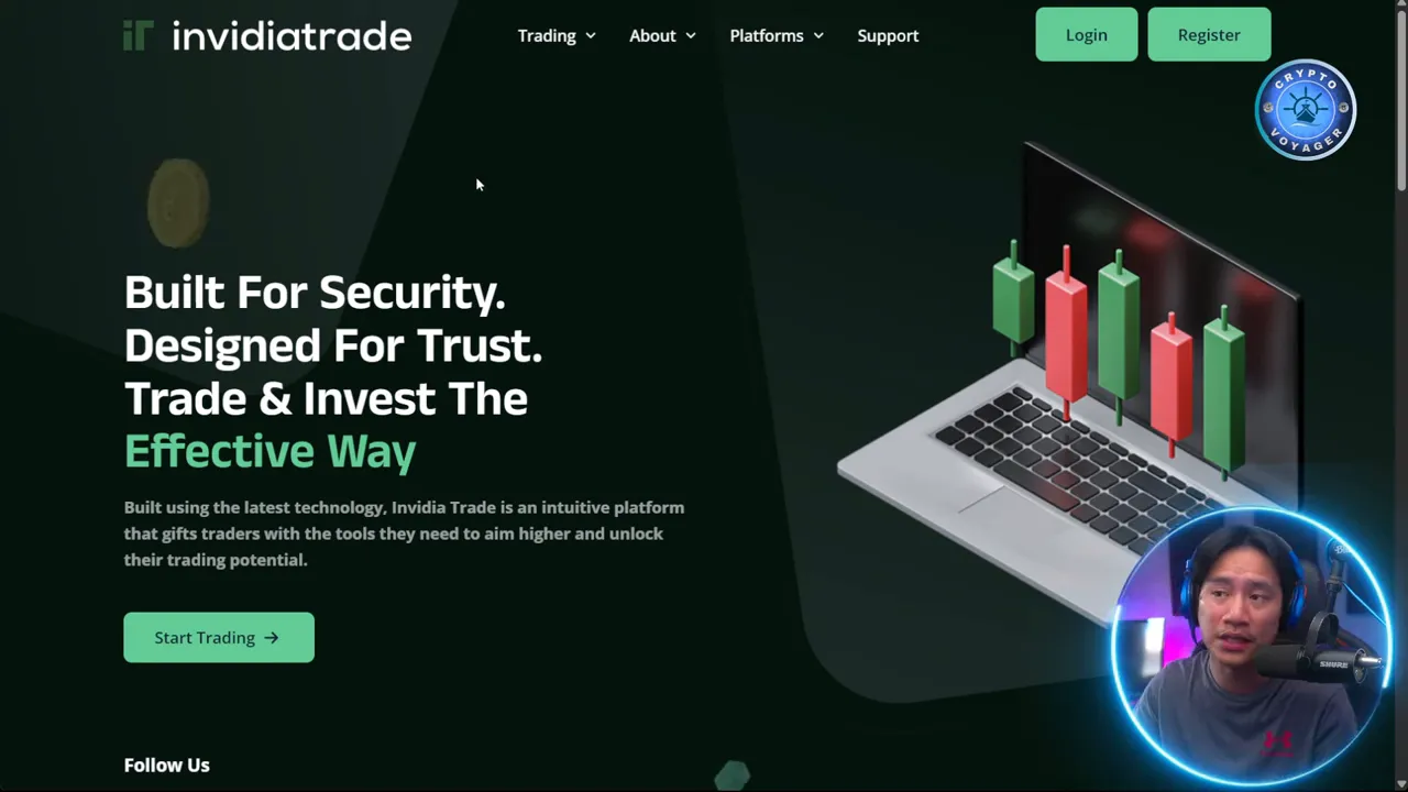 Crisp screenshot of the Invidiatrade homepage showing the 'Built For Security' headline, laptop candlestick graphic and a small presenter webcam overlay; page content is clear and readable.
