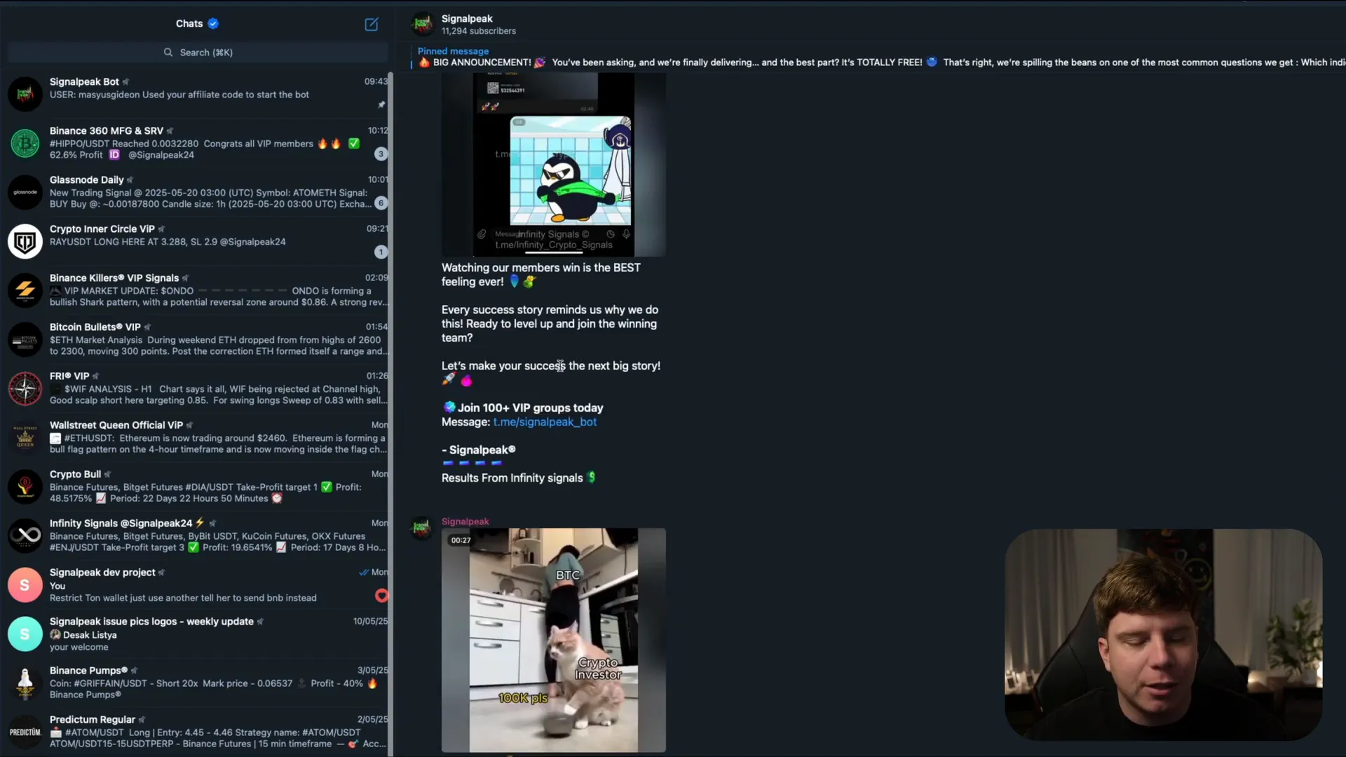 SignalPeak Telegram channel showing community and results