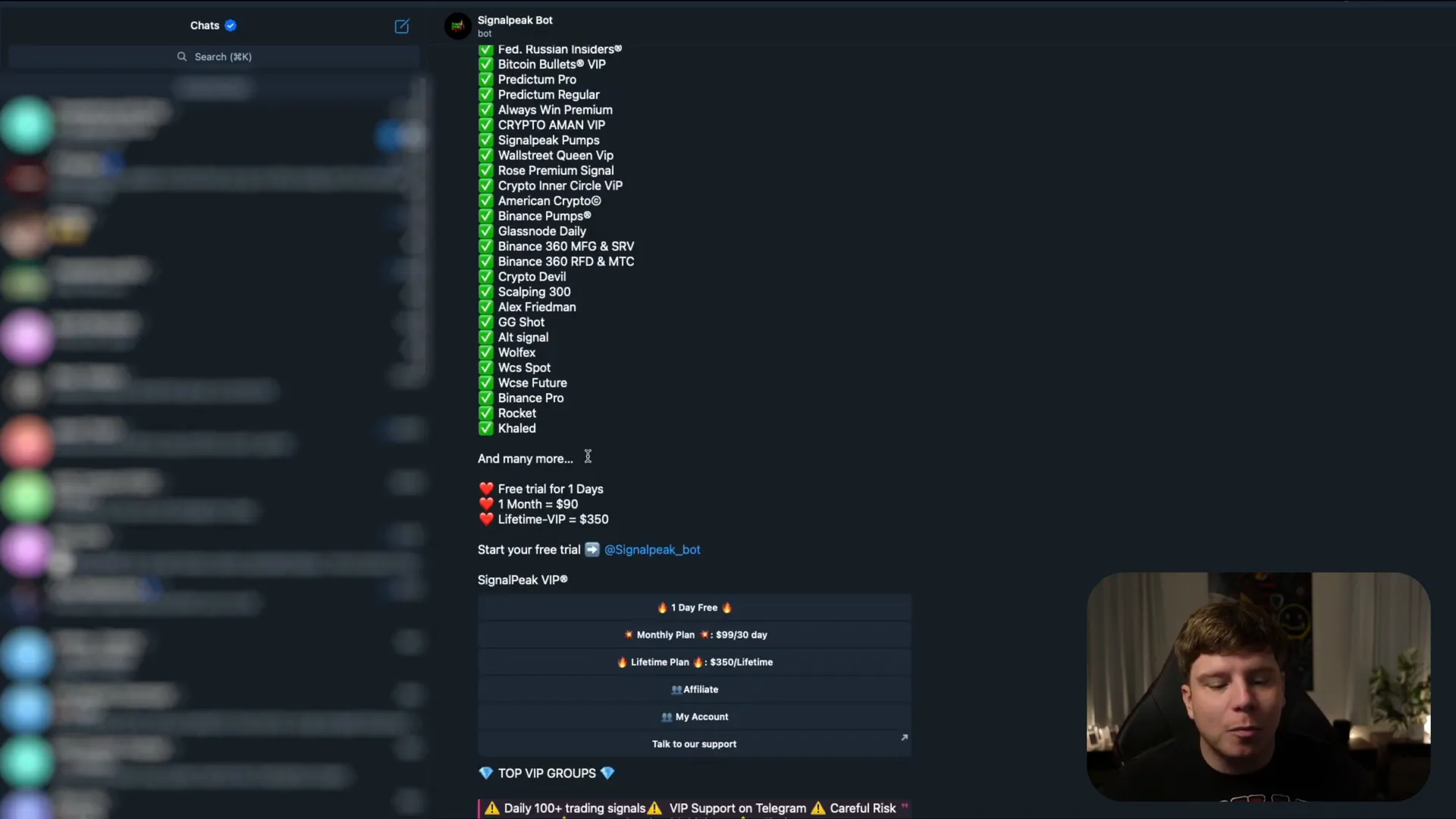 SignalPeak Telegram bot showing subscription options and free trial