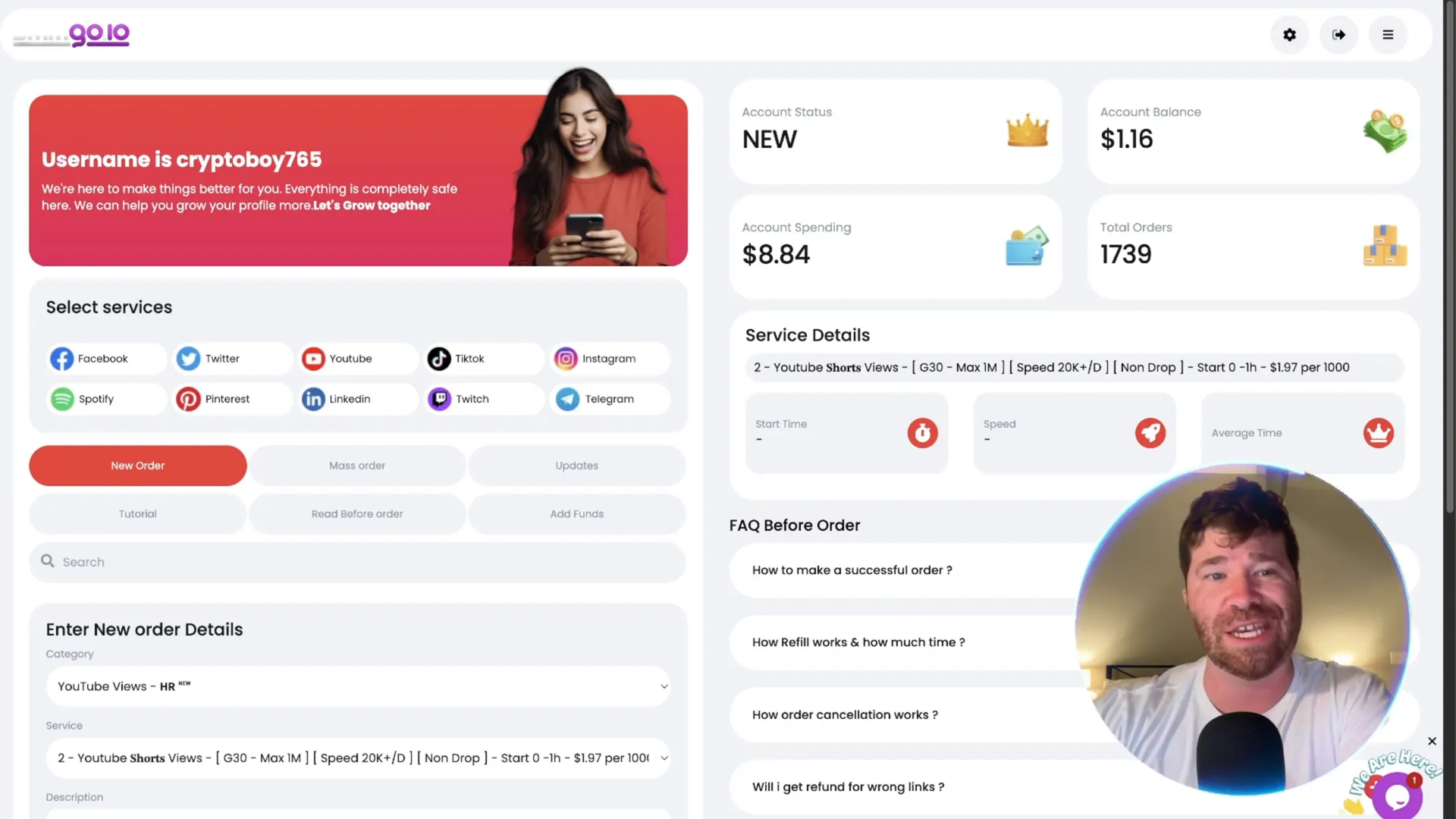SMMGo dashboard showing account balance and service selection