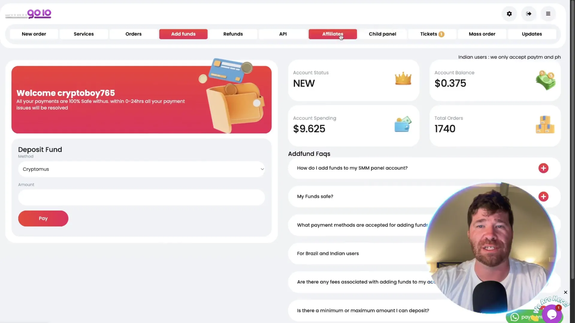 SMMGo add funds and affiliate program interface