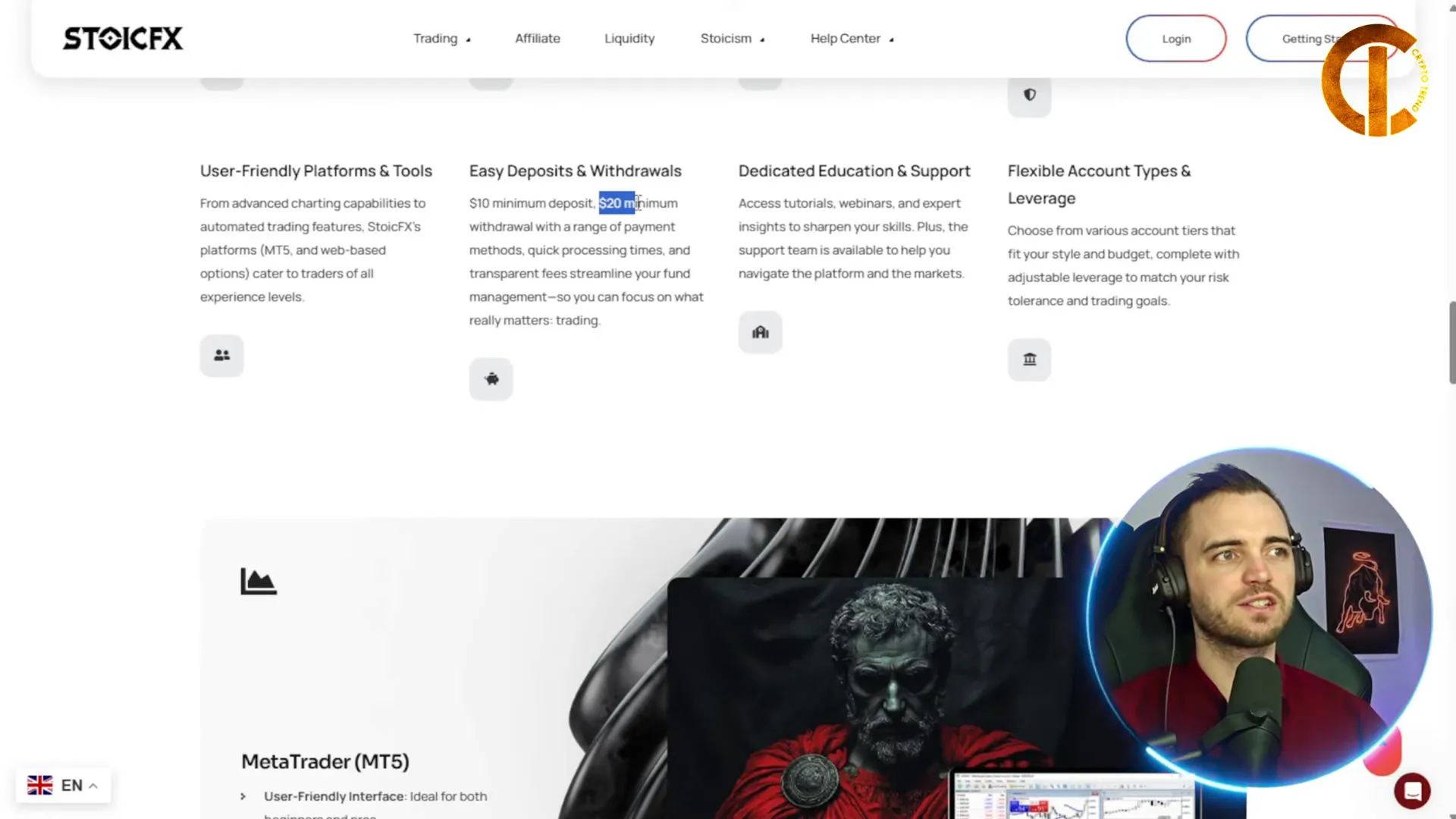Stoic FX deposit and withdrawal information on screen