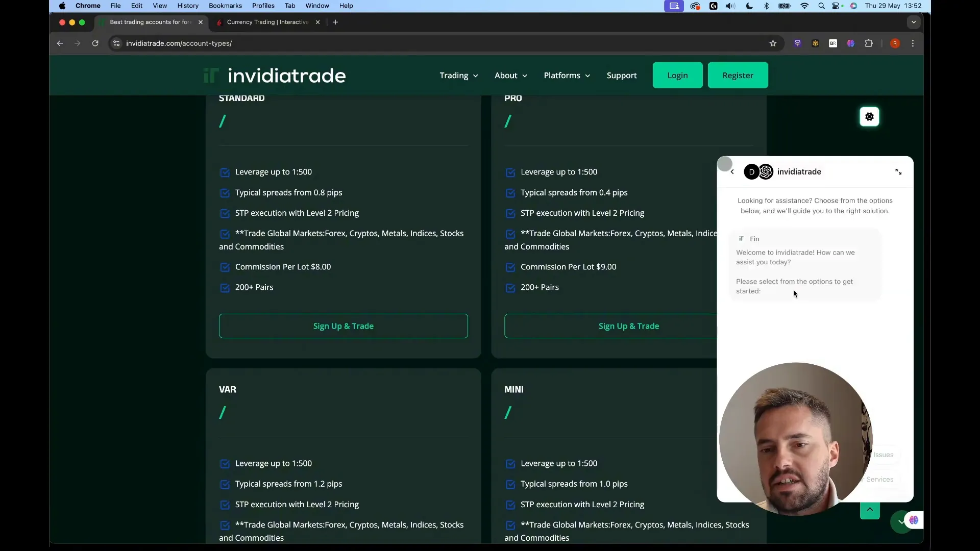 InvidiaTrade platform online chat support interface
