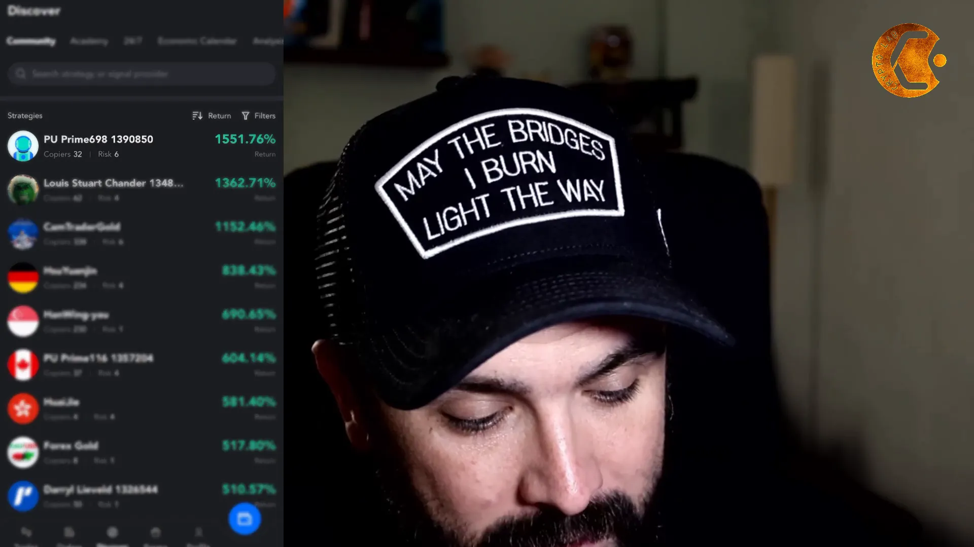 PU Prime app showing open crypto trades and watchlist