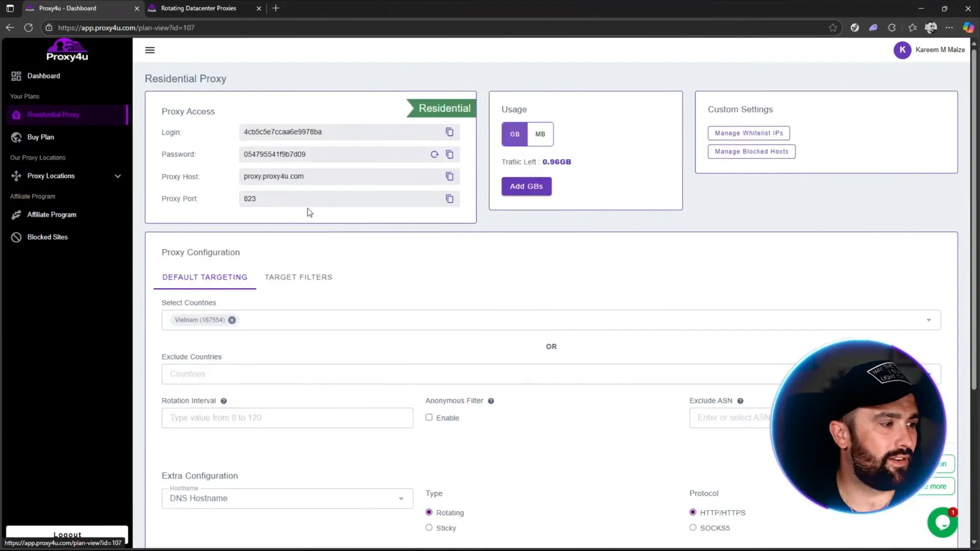Proxy4U dashboard showing proxy usage and plans