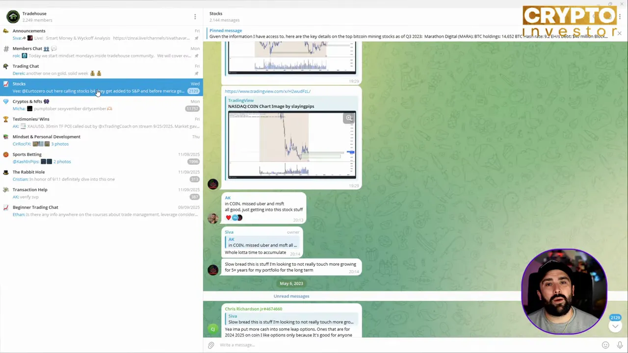 Clear screenshot of the Trade House community chat showing left channel list including Trading, Stocks and Cryptos & NFTs and chart messages