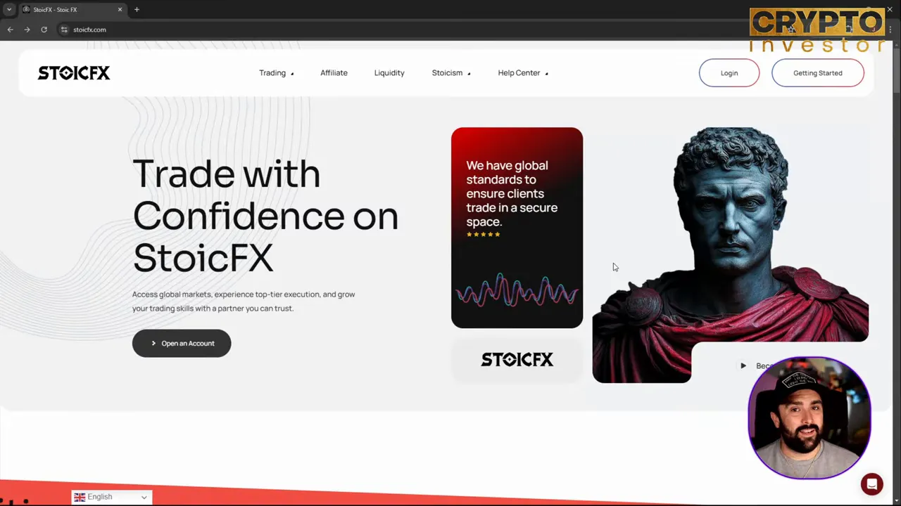 Clear StoicFX homepage hero with headline 'Trade with Confidence on StoicFX' and platform branding