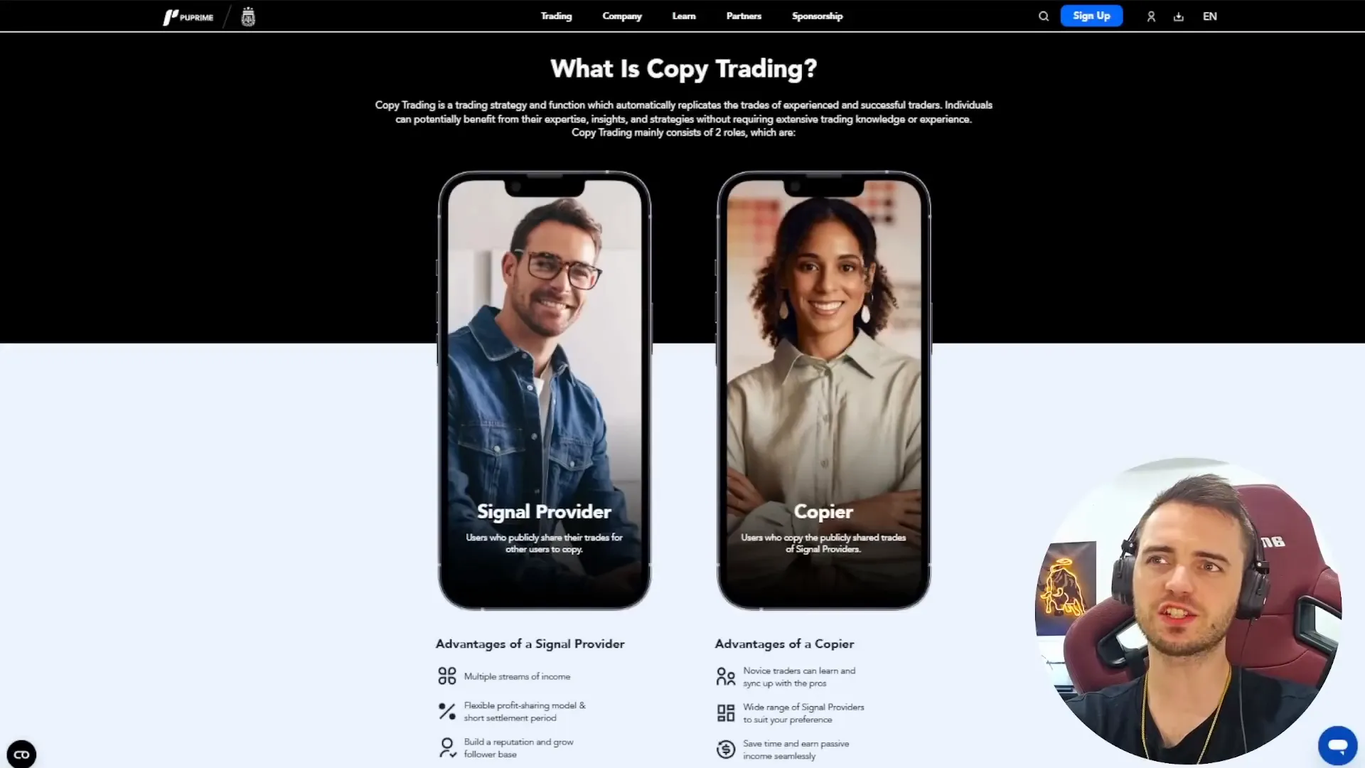 PU Prime copy trading system overview showing signal providers and copiers