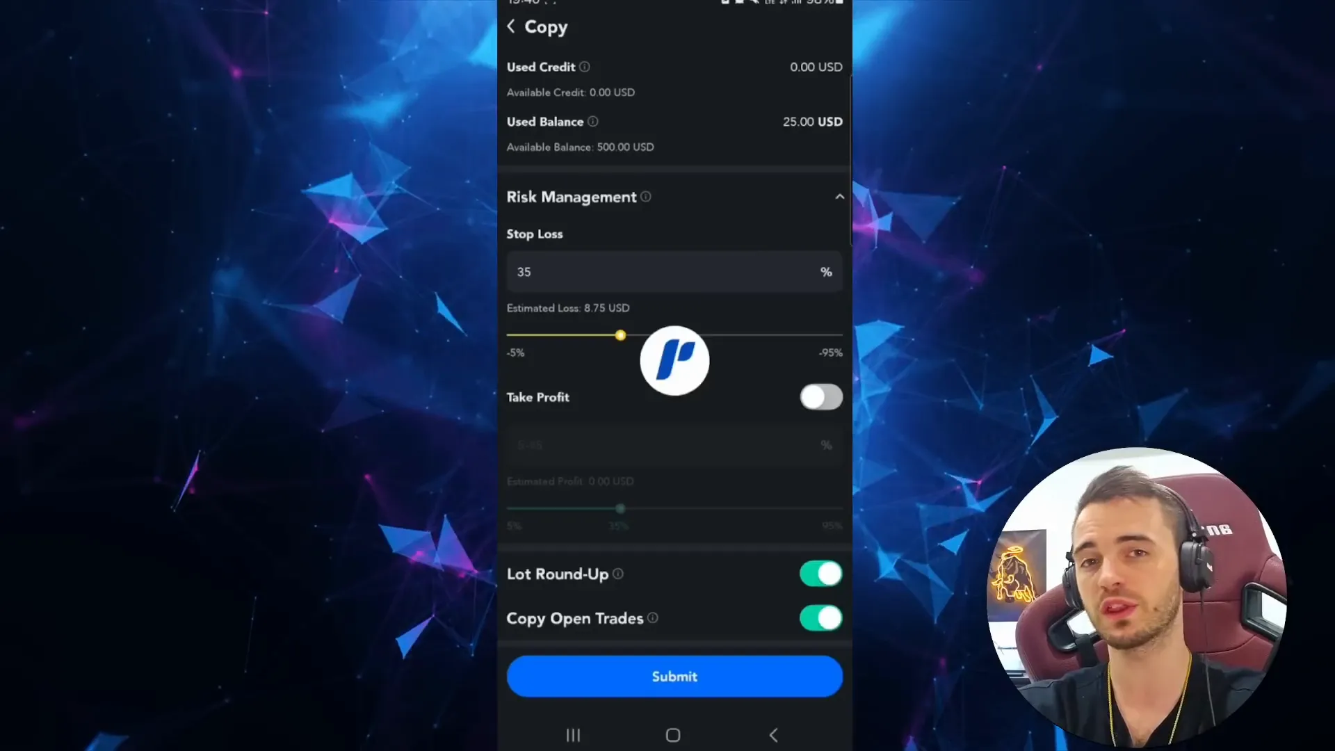Copy trade confirmation screen on PU Prime app