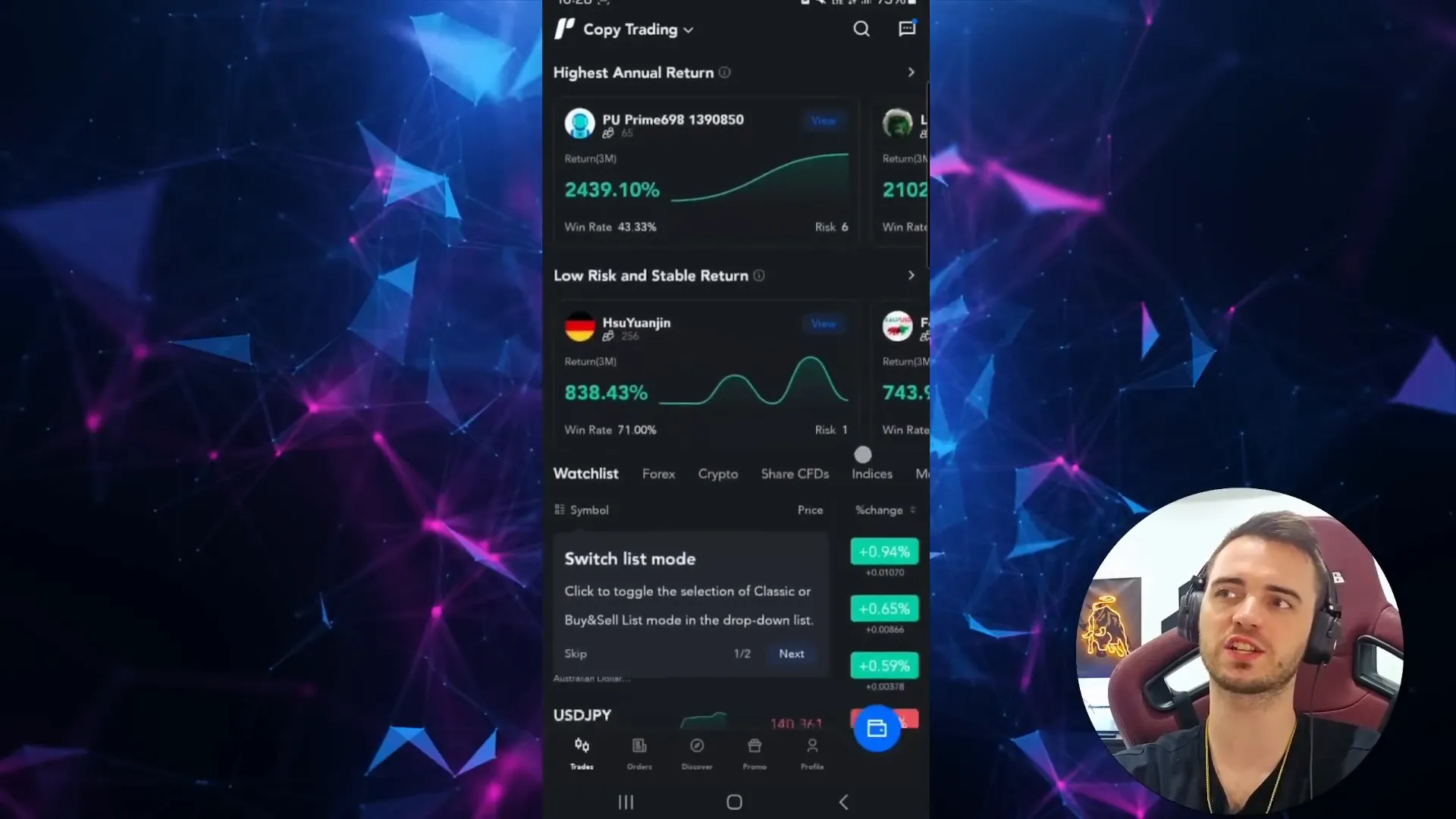 PU Prime app showing a list of traders with performance stats