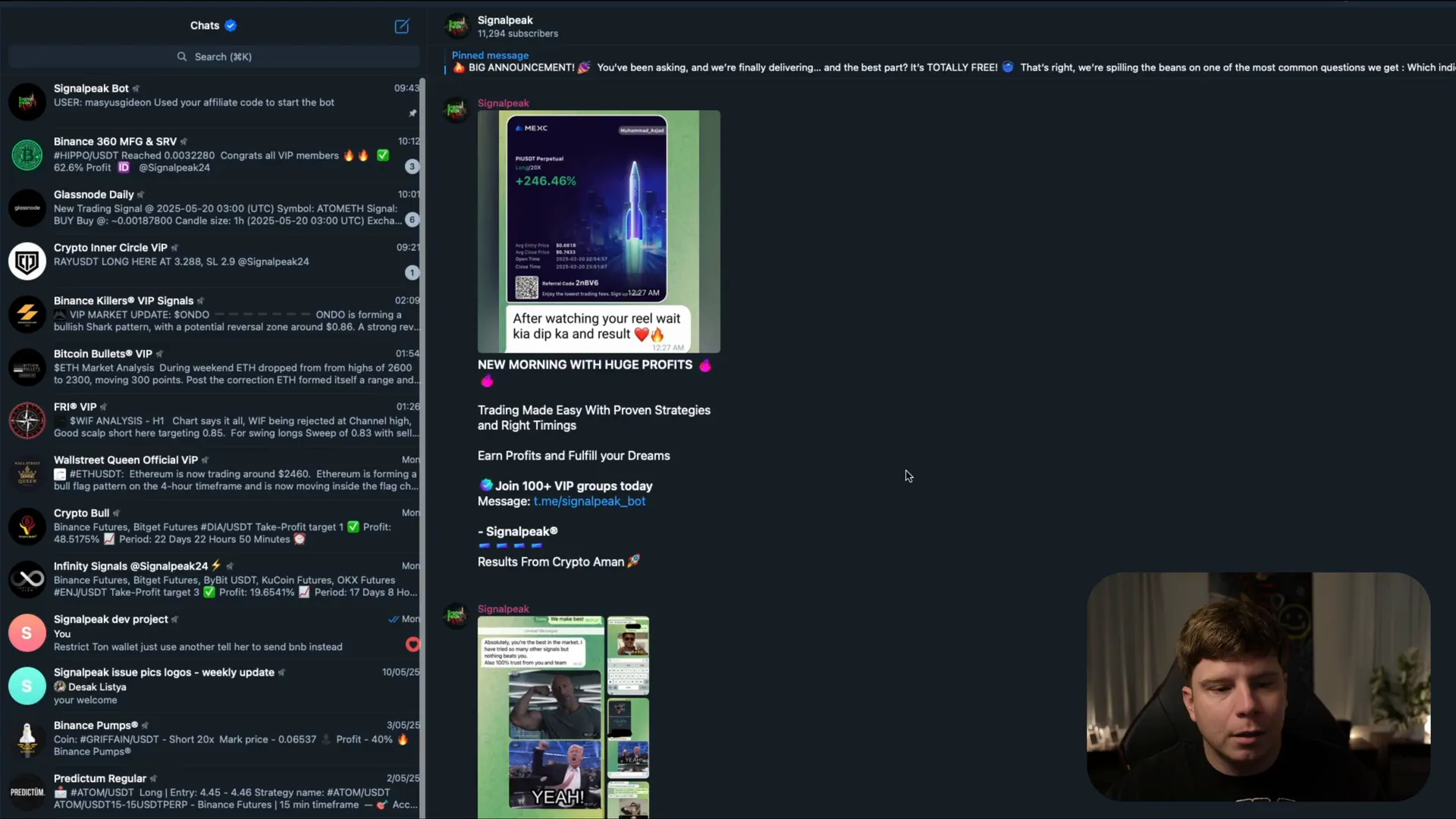 SignalPeak Telegram channel showing community posts and trading results