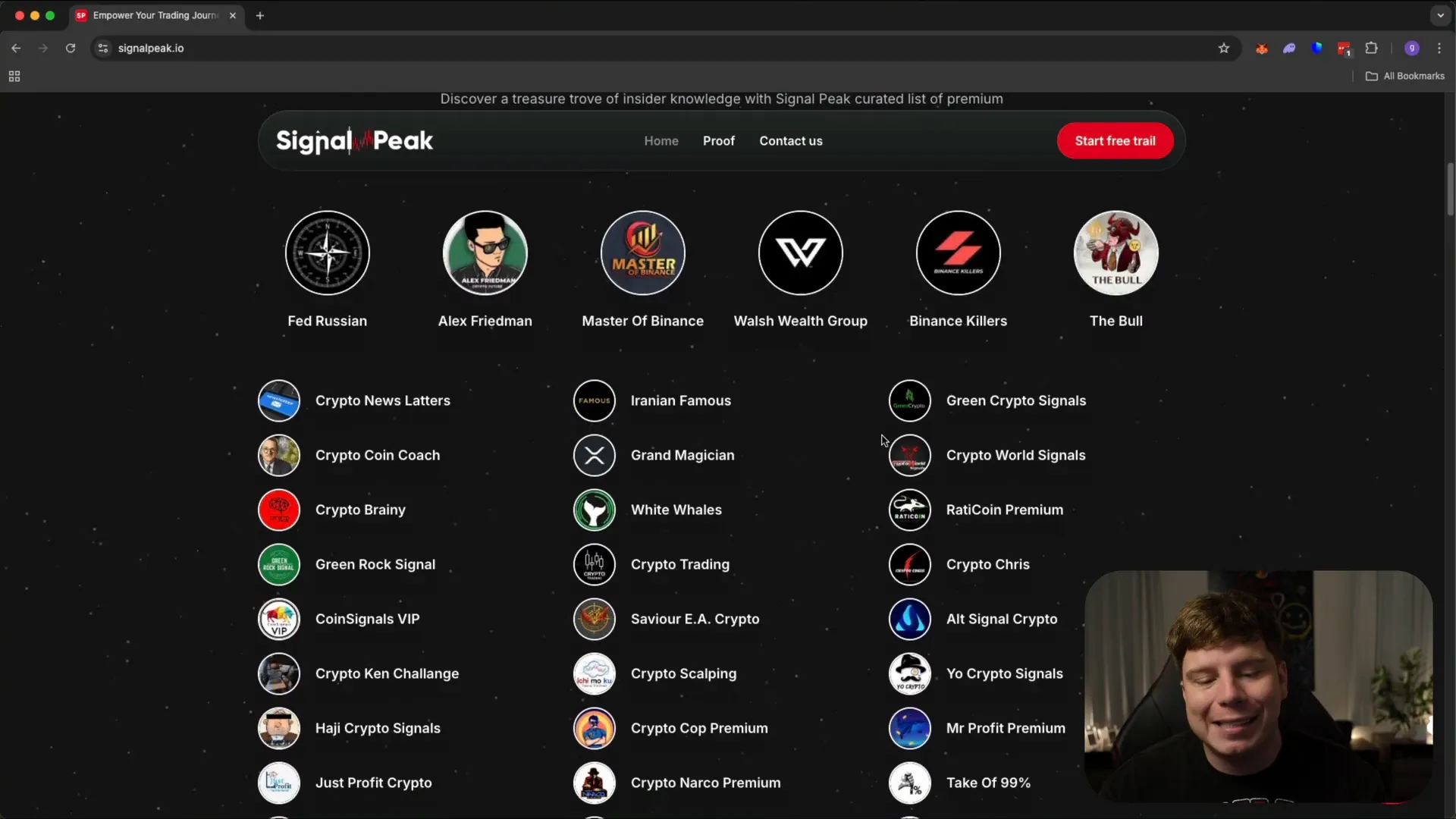 SignalPeak official website homepage showing premium crypto signal groups