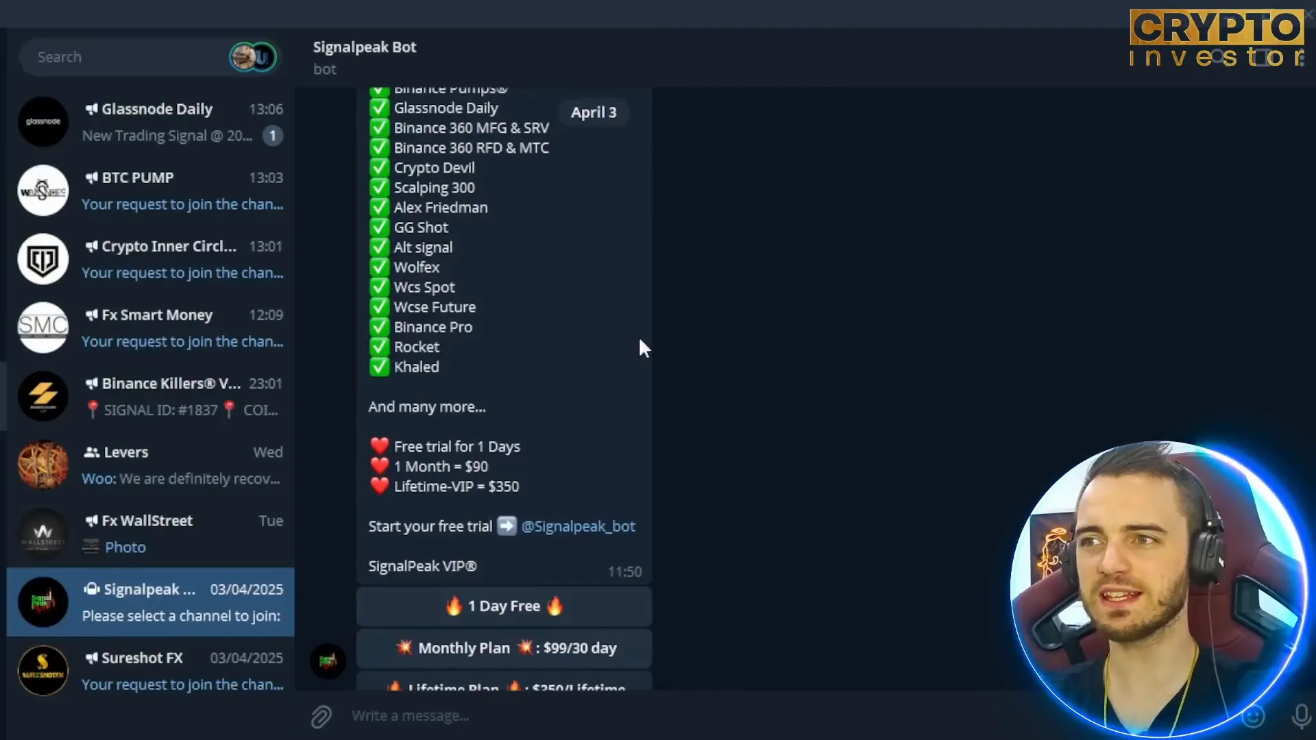 Joining Telegram channels on SignalPeak