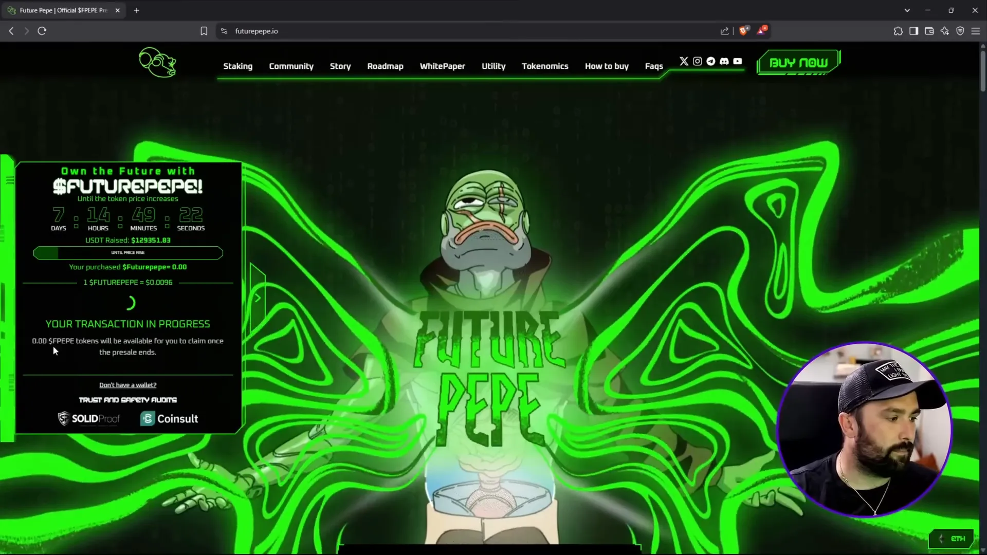Connecting wallet and purchasing Future Pepe tokens
