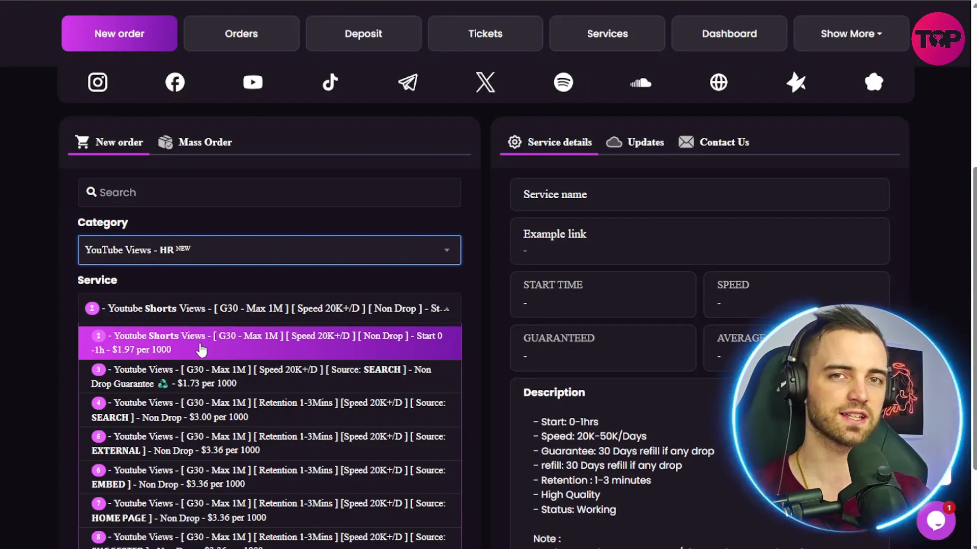 SMMGo interface showing YouTube short views service selection