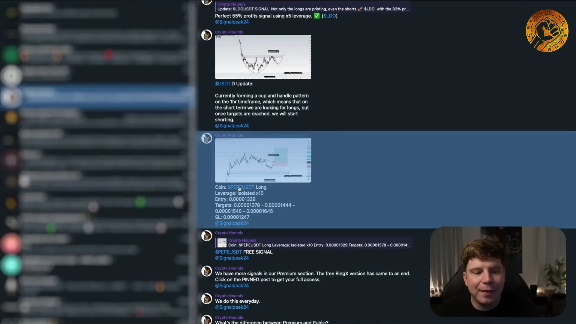 Crypto Hounds signal example showing entry, targets, and stop-loss