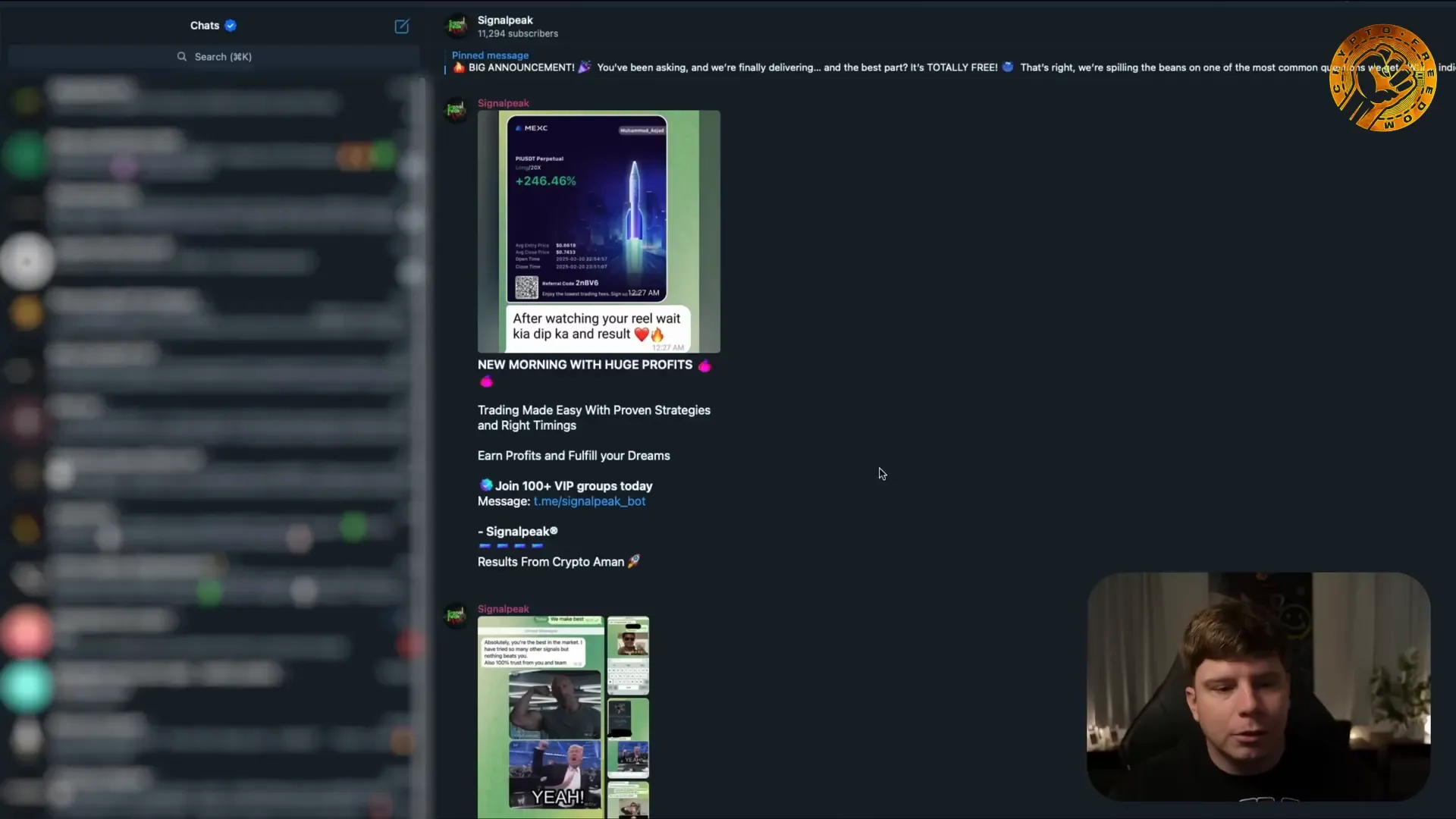 Signal Peak Telegram channel with over 11,000 followers sharing results and memes