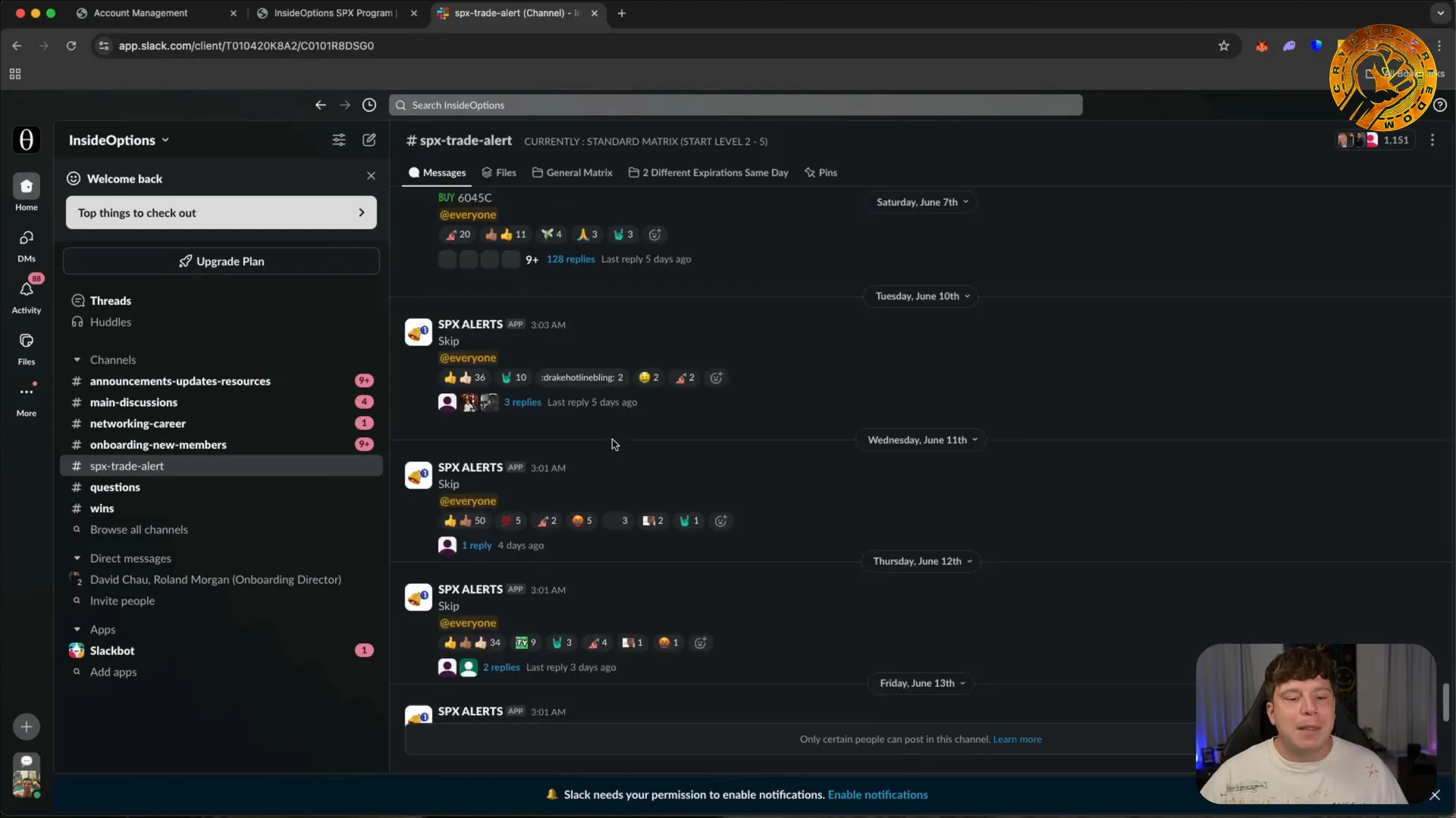 Slack group showing recent SPX trade alerts and discussions