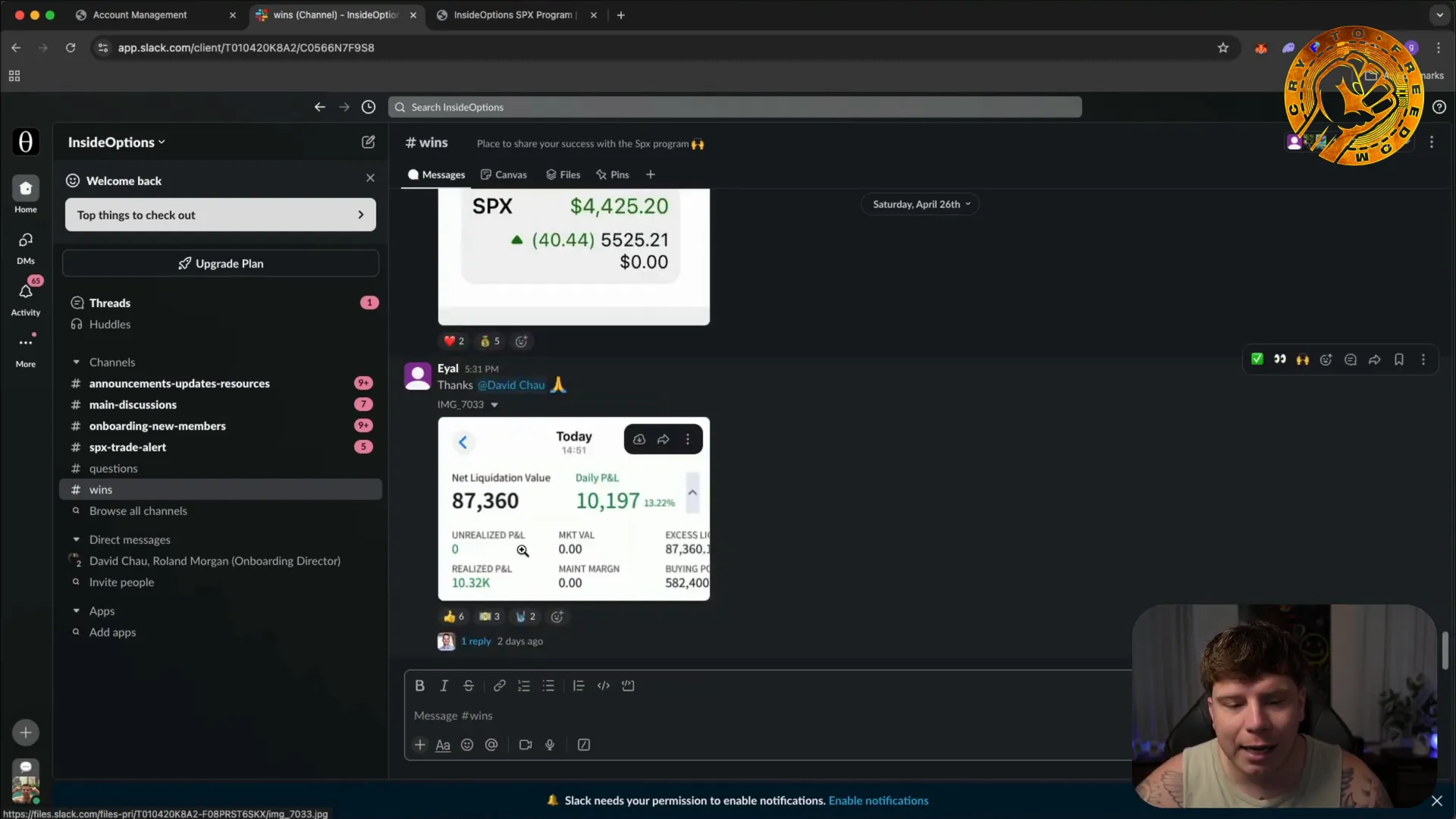 Slack community showing trade wins and profits