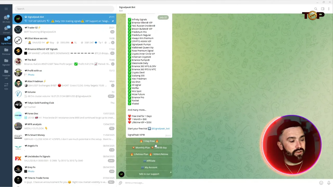 Telegram window displaying SignalPeak bot message listing VIP groups and plan buttons (1 Day Free, Monthly Plan, Lifetime Plan) with cursor pointing at the monthly plan; presenter visible in a circular overlay.