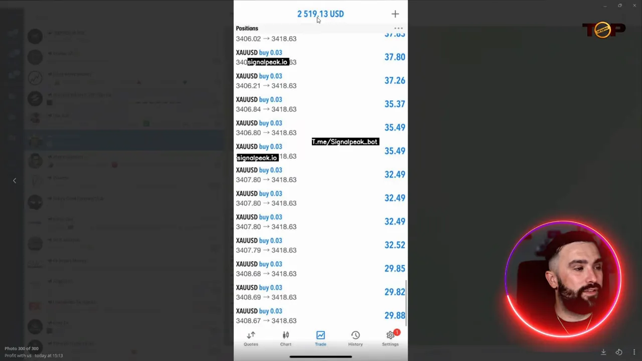 mobile trading app screen showing a list of multiple XAUUSD buy positions with small lot sizes and profit values
