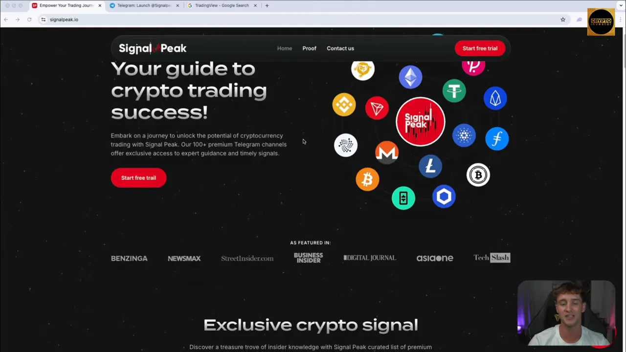Full view of SignalPeak homepage hero with headline 'Your guide to crypto trading success', token icons and a visible red start free trial button.