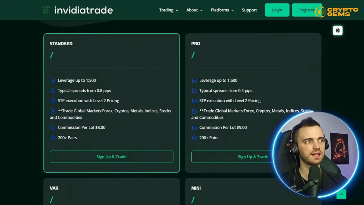 Screenshot showing InvidiaTrade account tiers and 500x leverage