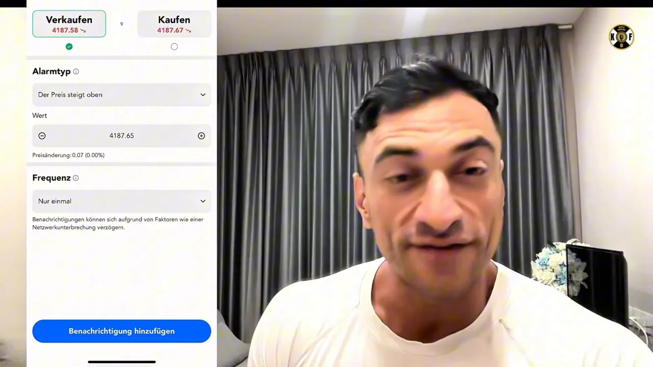 PU Prime App: Alarmtyp Einstellungen mit Wert 4187.65 und Schaltfläche 'Benachrichtigung hinzufügen'.