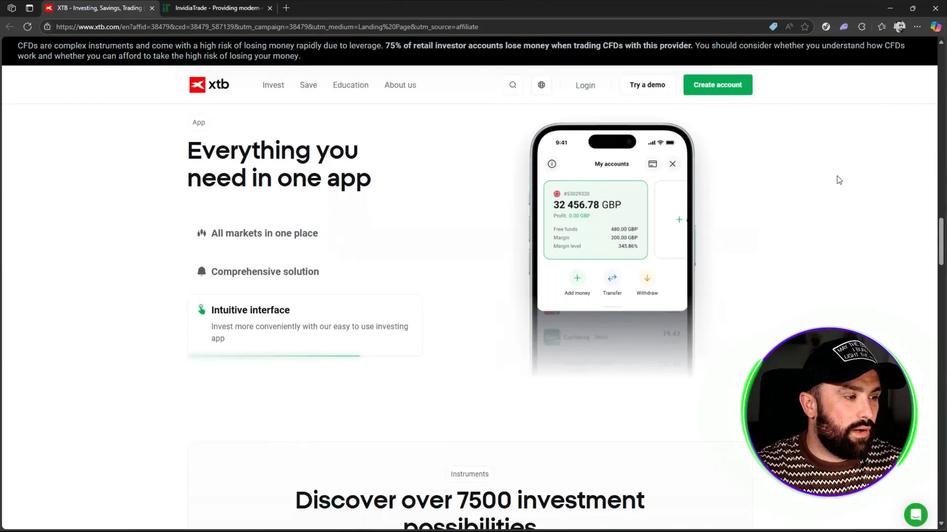 XTB app screenshot showing multi-market access