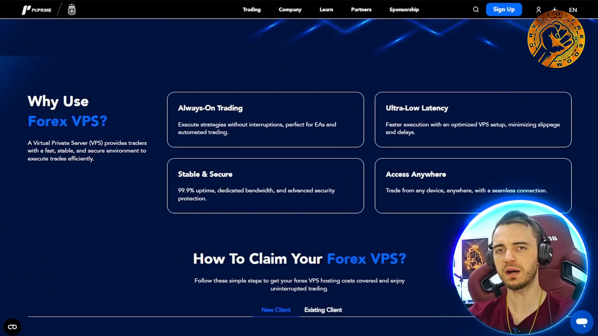 PU Prime website showing Forex VPS benefits