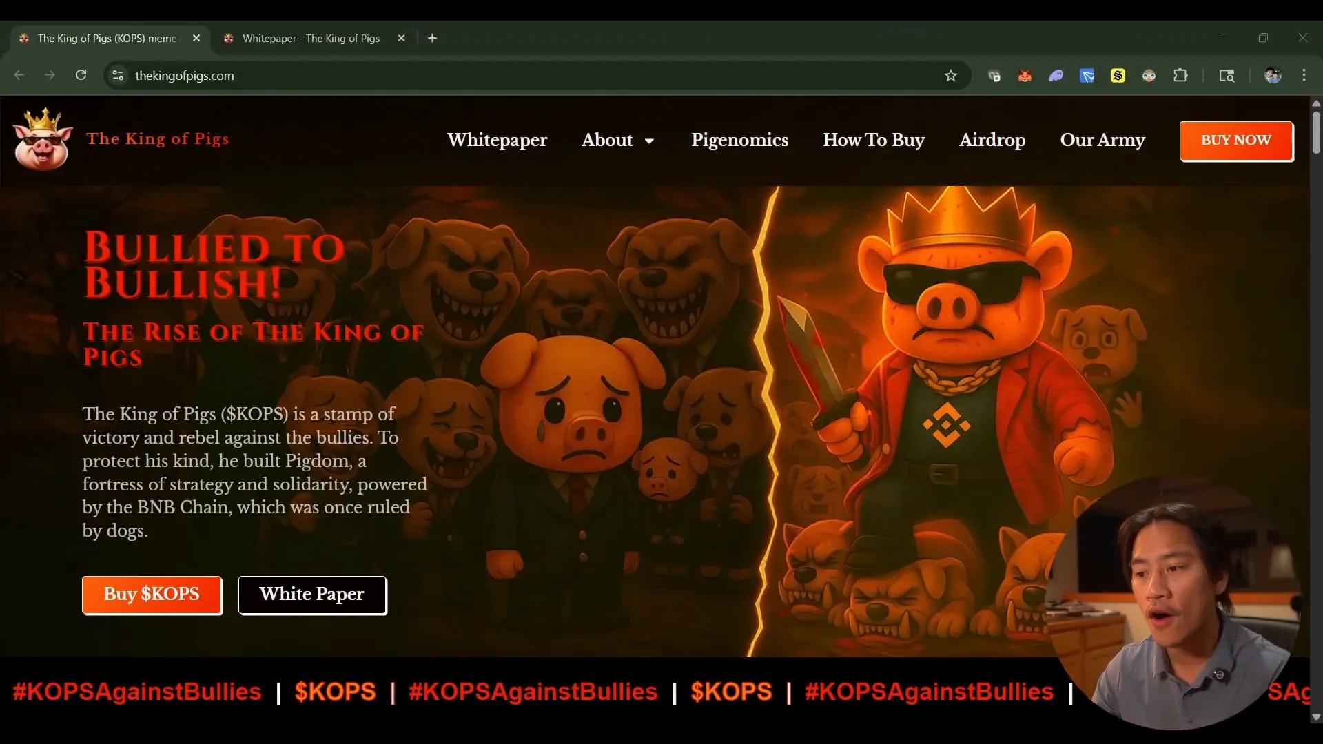 King of Pigs landing page showing the COPS token symbol