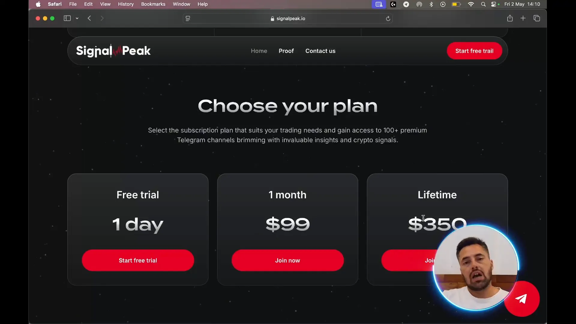 Signal Peak pricing plans including one-day free trial and lifetime access