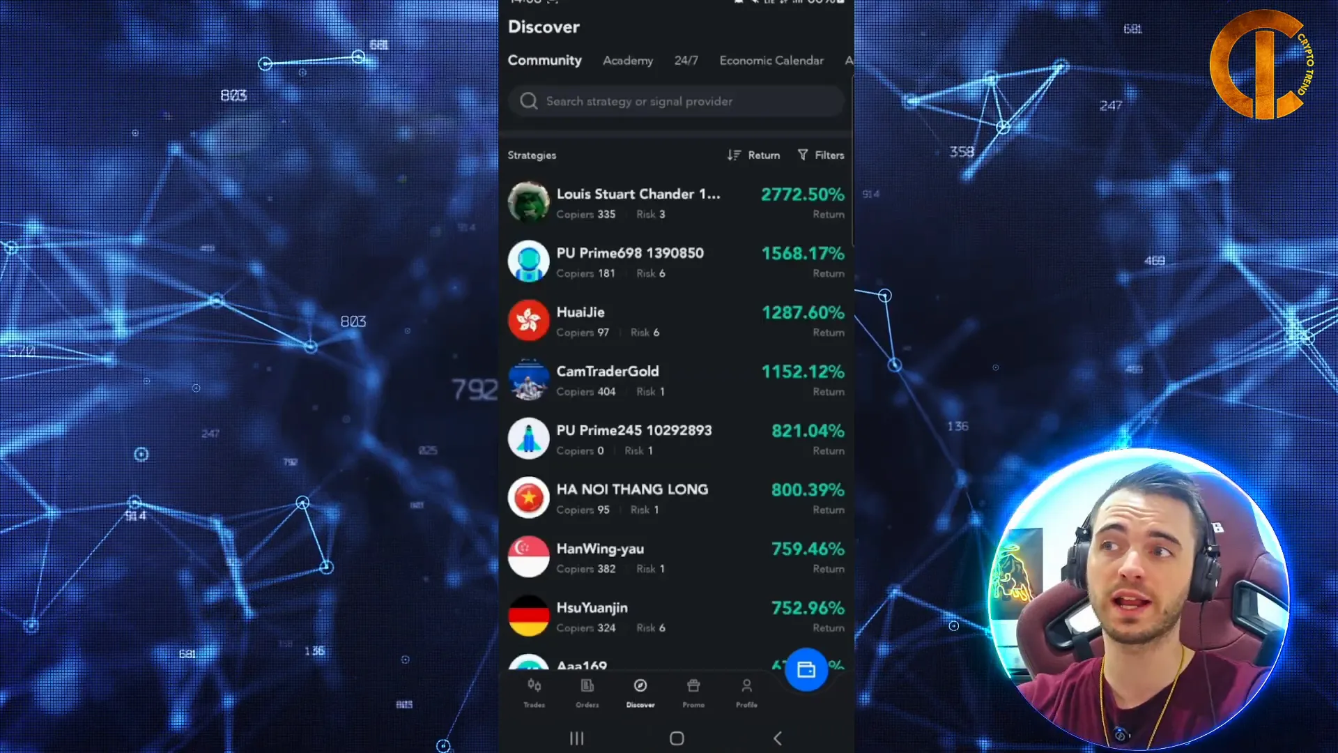 PU Prime app showing copy trading dashboard with trader statistics