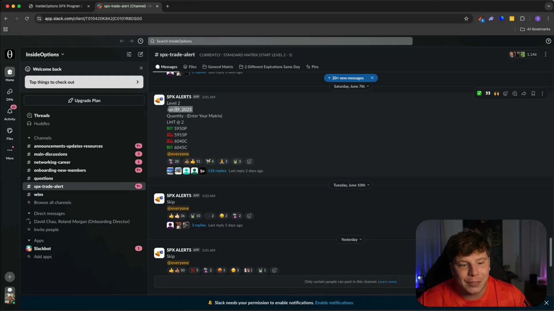 InsideOptions Slack showing SPX trade alert