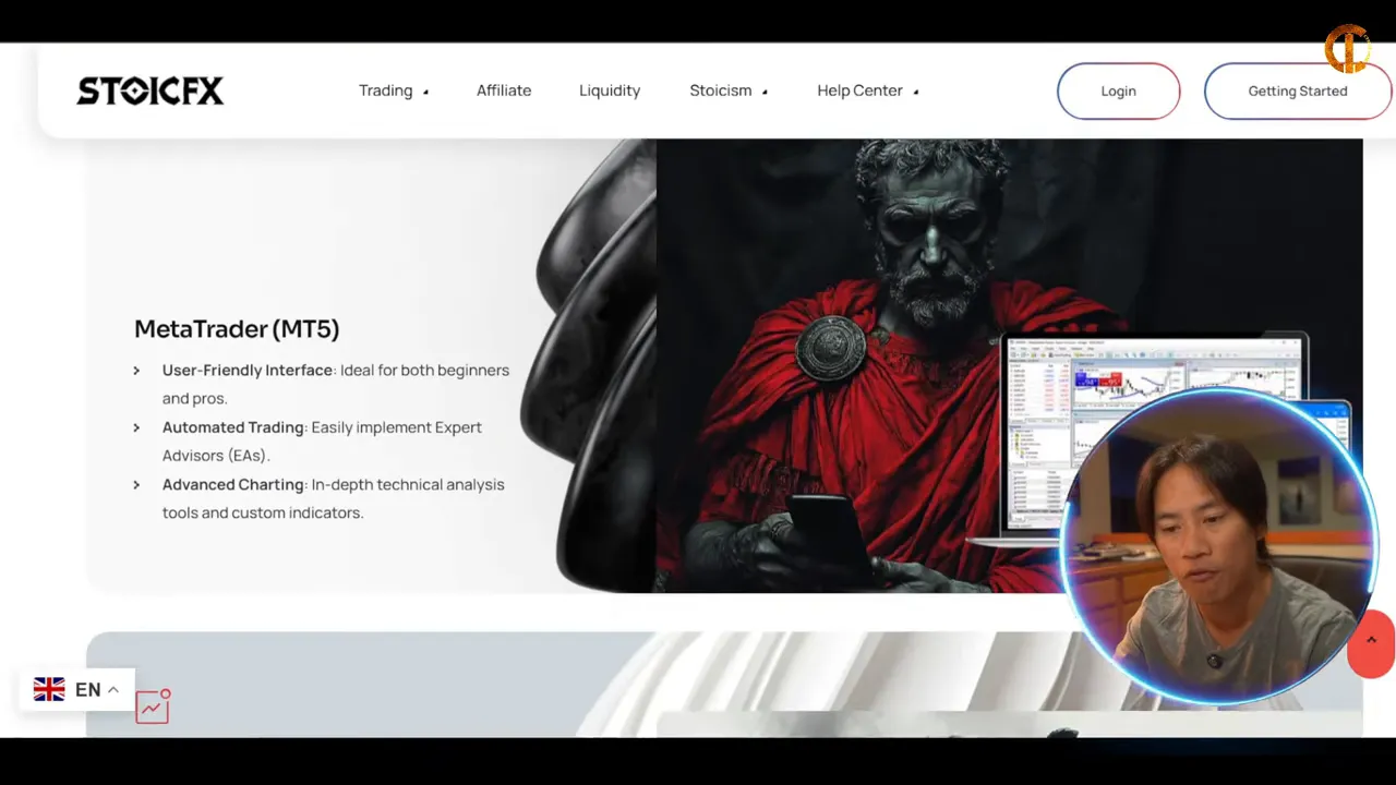 StoicFX MetaTrader MT5 section with bulleted platform features and presenter overlay