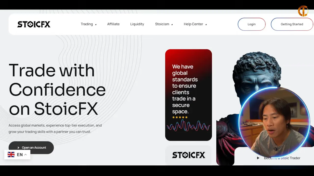 StoicFX website homepage screenshot showing the headline 'Trade with Confidence on StoicFX' with site navigation visible