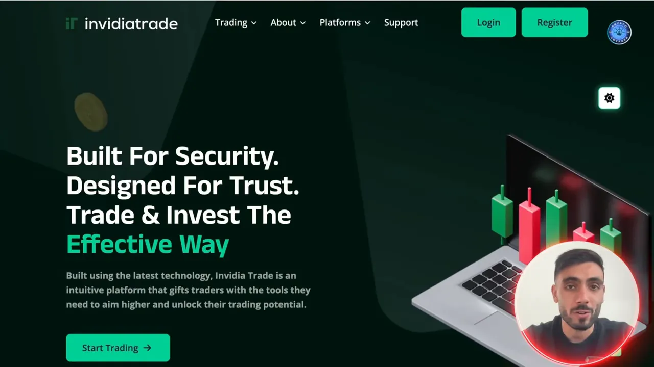InvidiaTrade homepage with headline 'Built For Security. Designed For Trust.' and login/register buttons