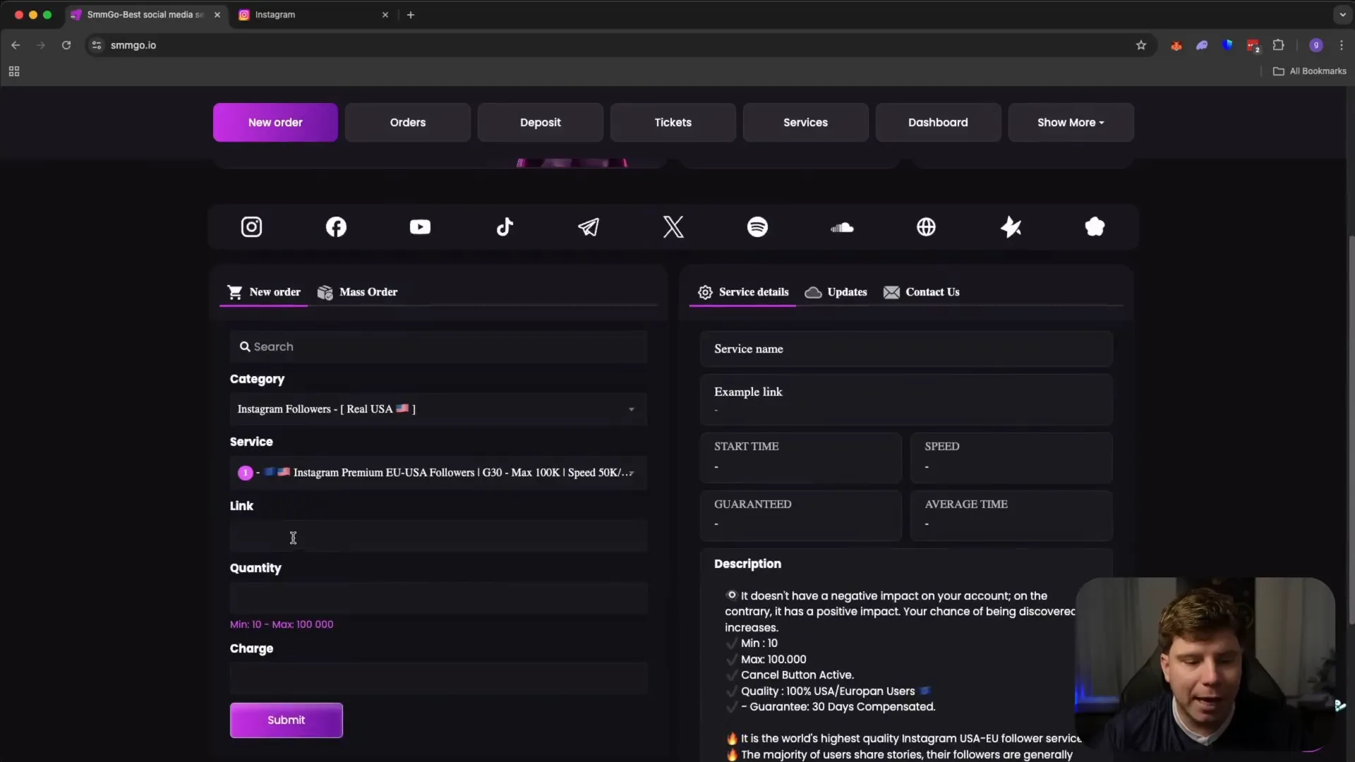 Placing an Instagram followers order on SMMGO