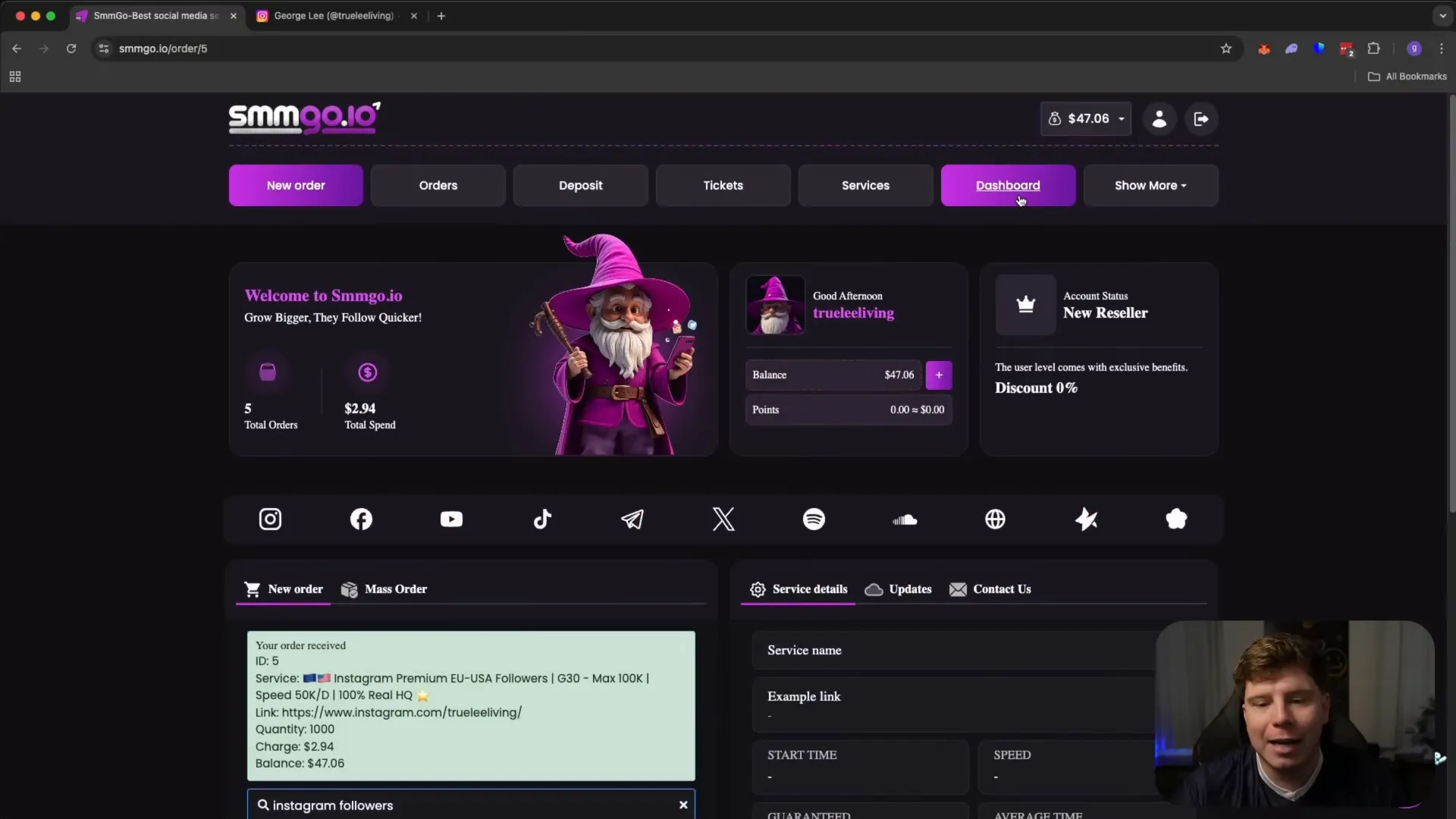 Real-time follower growth notifications on SMMGO