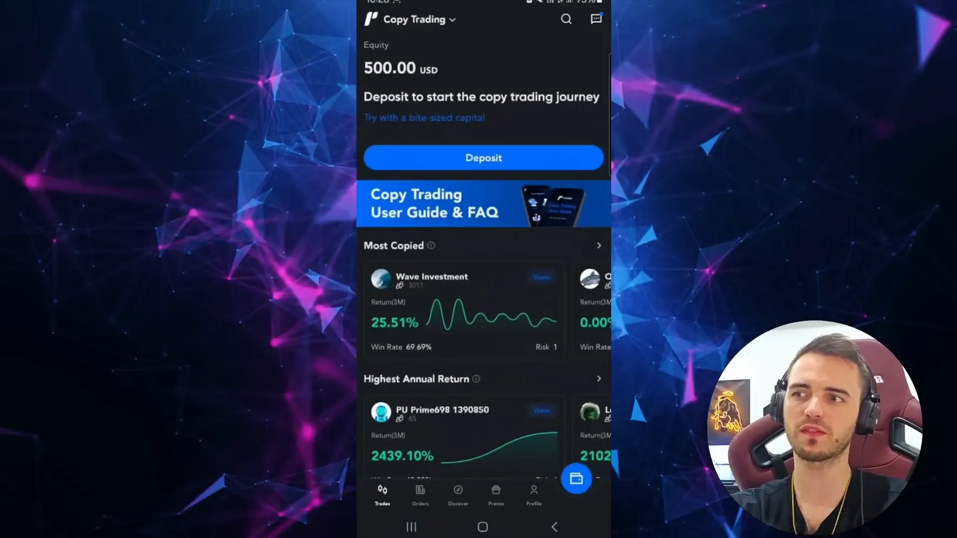 PU Prime app showing trader statistics and risk scores