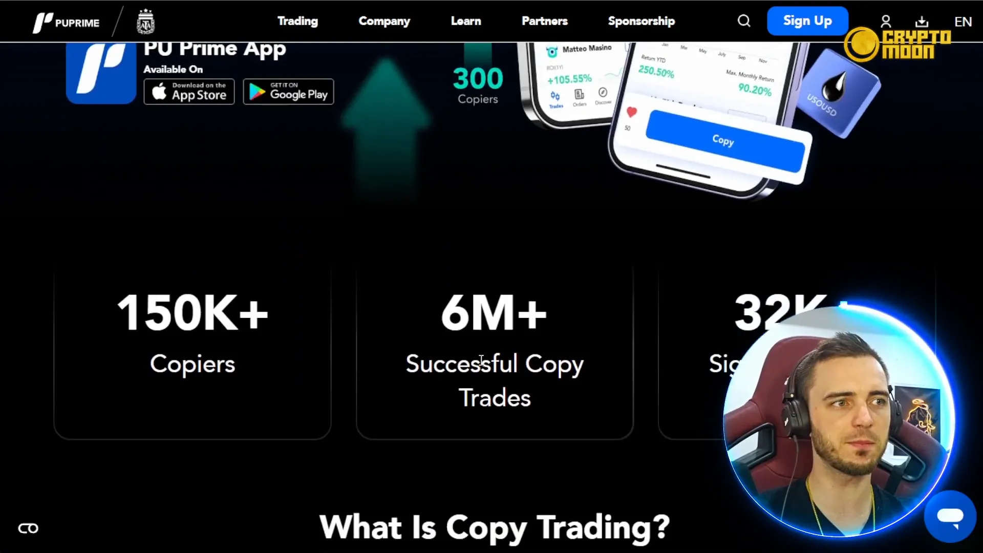 PU Prime copy trading interface with trader stats