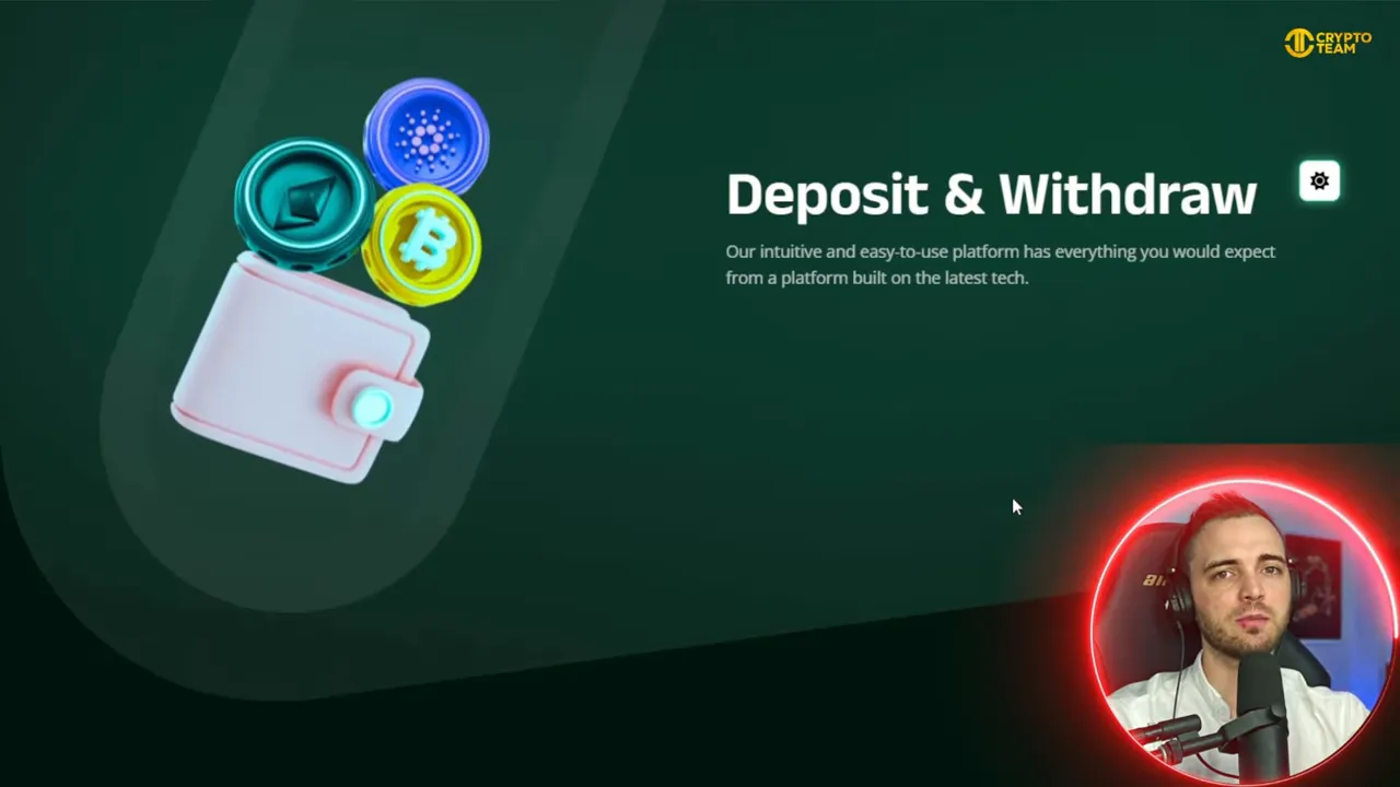 Cropped InvidiaTrade 'Deposit & Withdraw' hero with prominent wallet and cryptocurrency icons and readable headline, minimal presenter overlay.